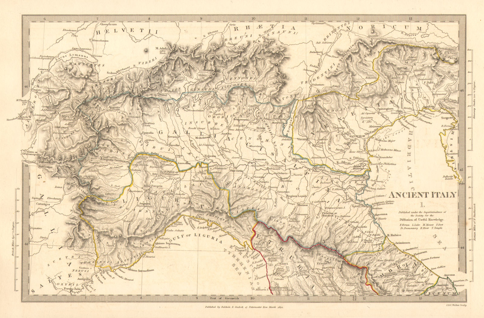 ANCIENT ROMAN ITALY NORTH.Liguria Venetia Gallia Cisalpina.Roads.SDUK 1848 map