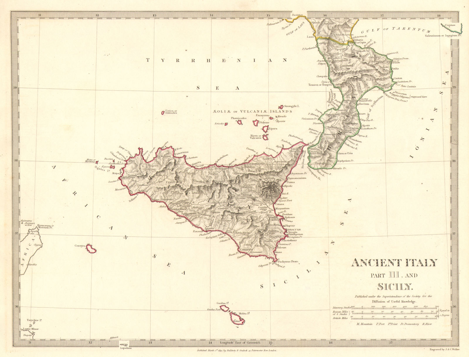 ANCIENT ITALY SOUTH.Sicily Brutii Melita (Malta).Original colour.SDUK 1848 map