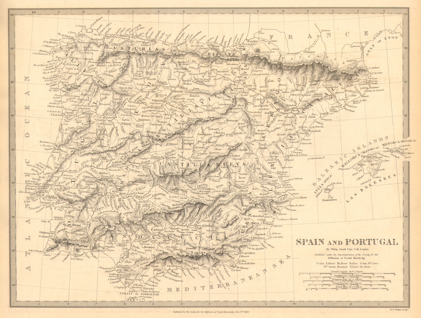 IBERIA. Spain and Portugal showing provinces. SDUK 1848 old antique map chart