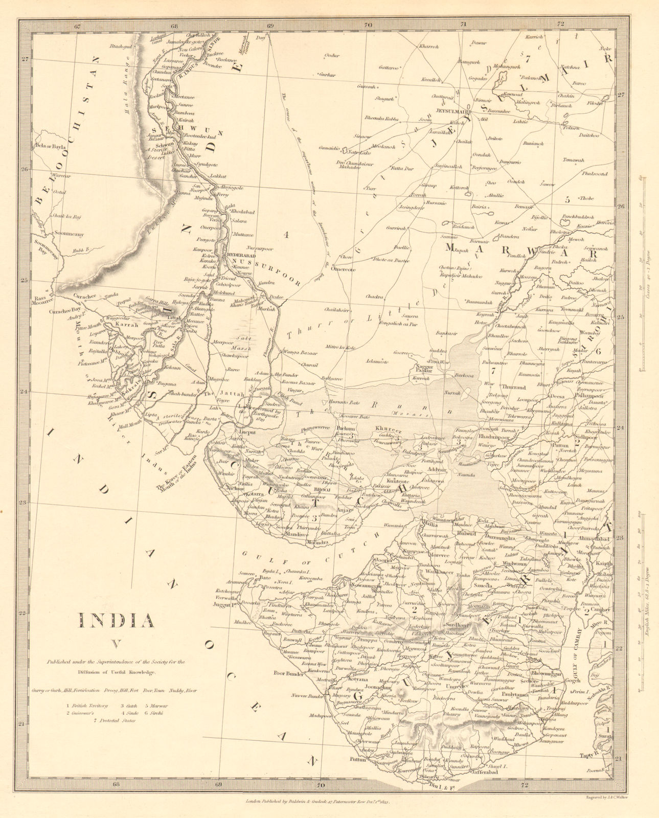 INDIA. Sinde to Gujerat. Marwar Cutch Jaisalmer. SDUK 1848 old antique map