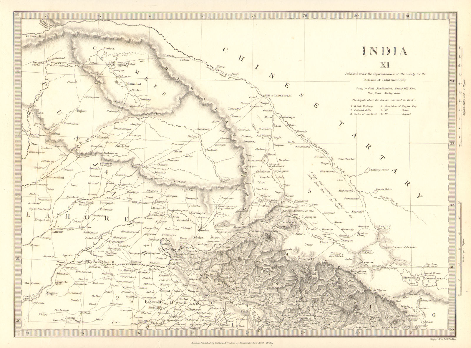 INDIA PAKISTAN. Punjab Garhwal Lahore Sirhind Kashmir China. SDUK 1848 old map