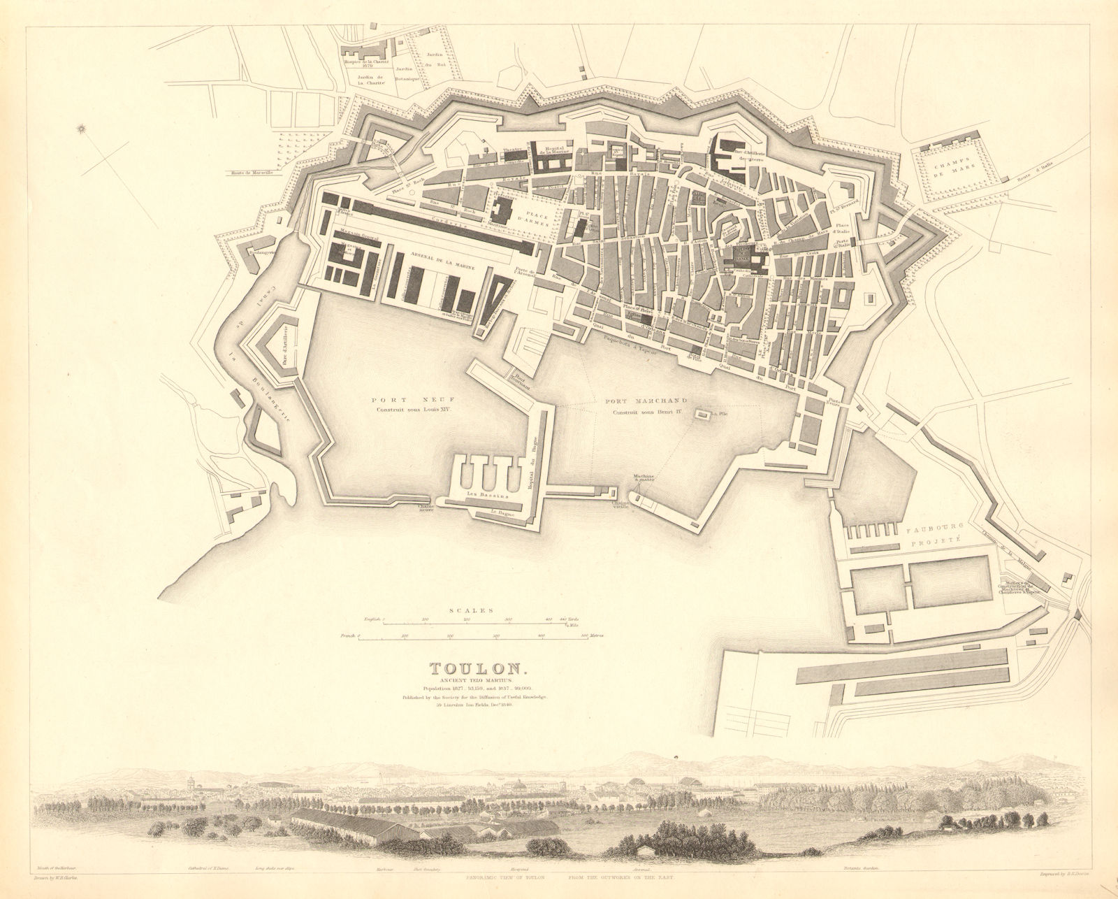 TOULON. Antique town city map plan.Ancient Telo Martius.Panorama view.SDUK 1848