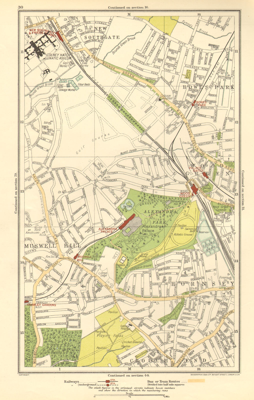 MUSWELL HILL. Alexandra Palace, Hornsey, Wood Green, New Southgate 1923 map