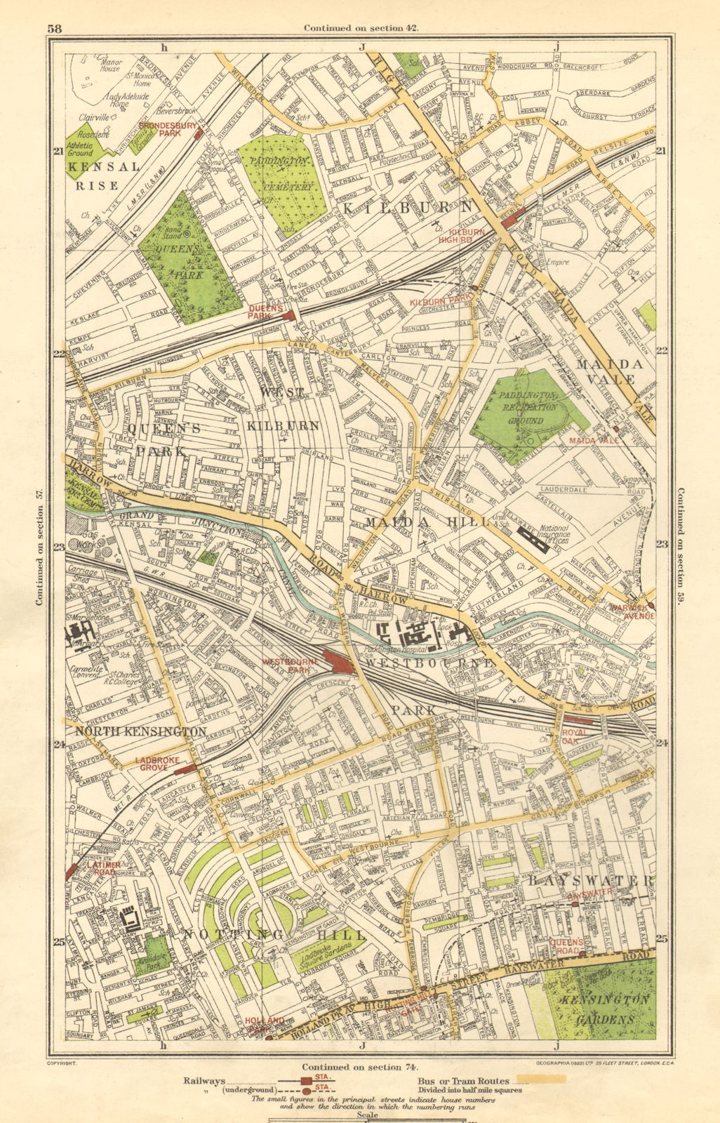 NOTTING HILL.Bayswater,Kilburn,Maida Vale,Westbourne Park,Queens Park 1923 map