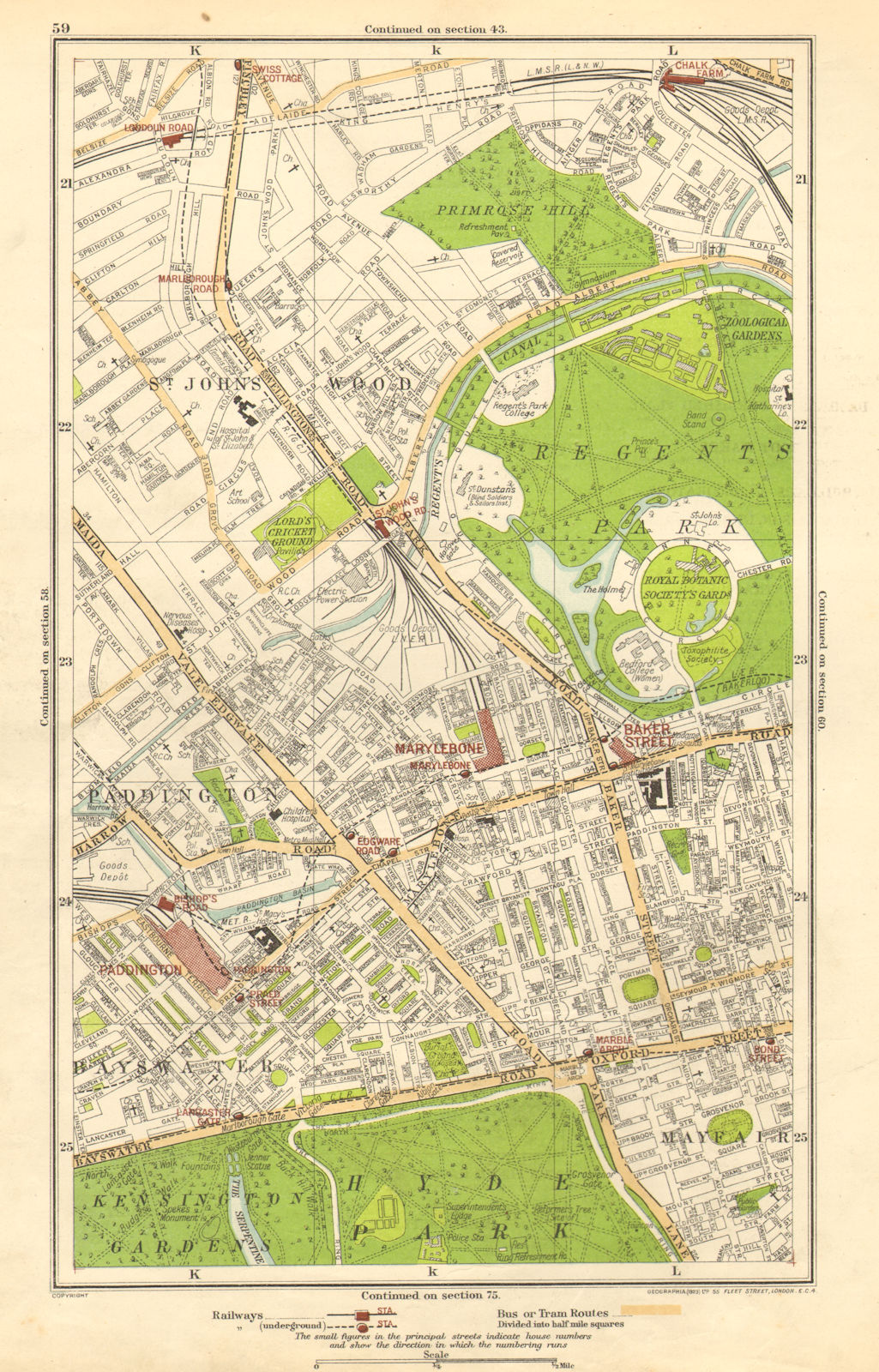 LONDON.Paddington,St John's Wood,Marylebone,Chalk Farm,Swiss Cottage 1923 map