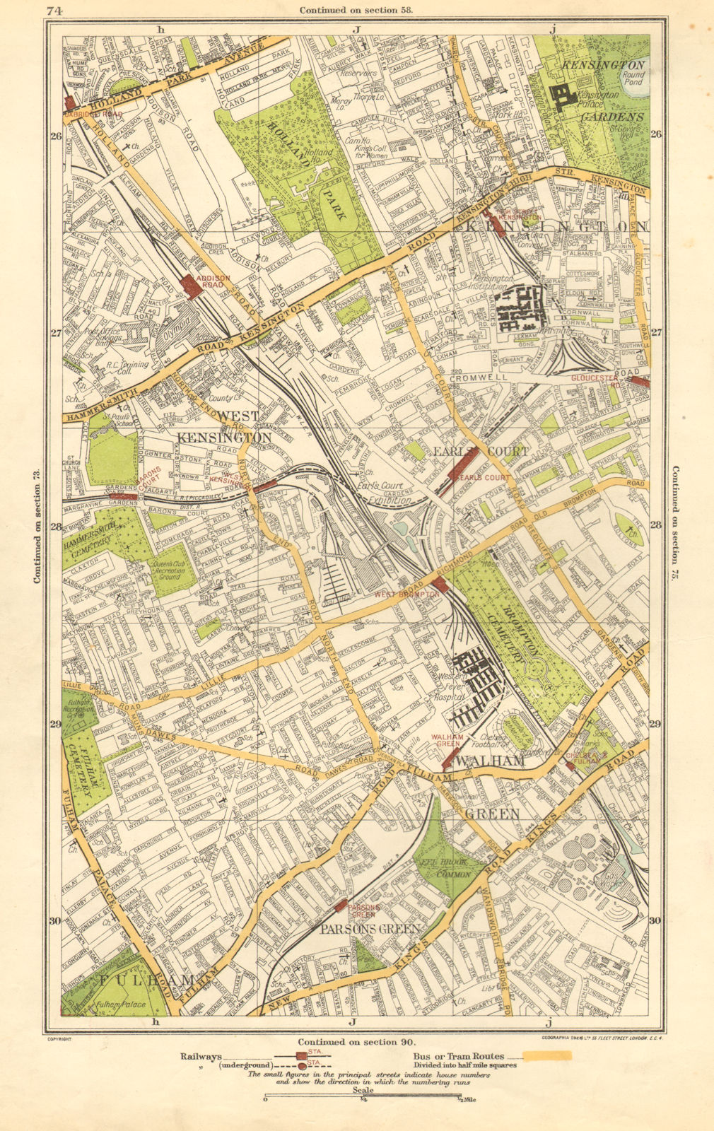 KENSINGTON. Earls Court, Fulham, Parsons Green, Walham Green 1923 old map