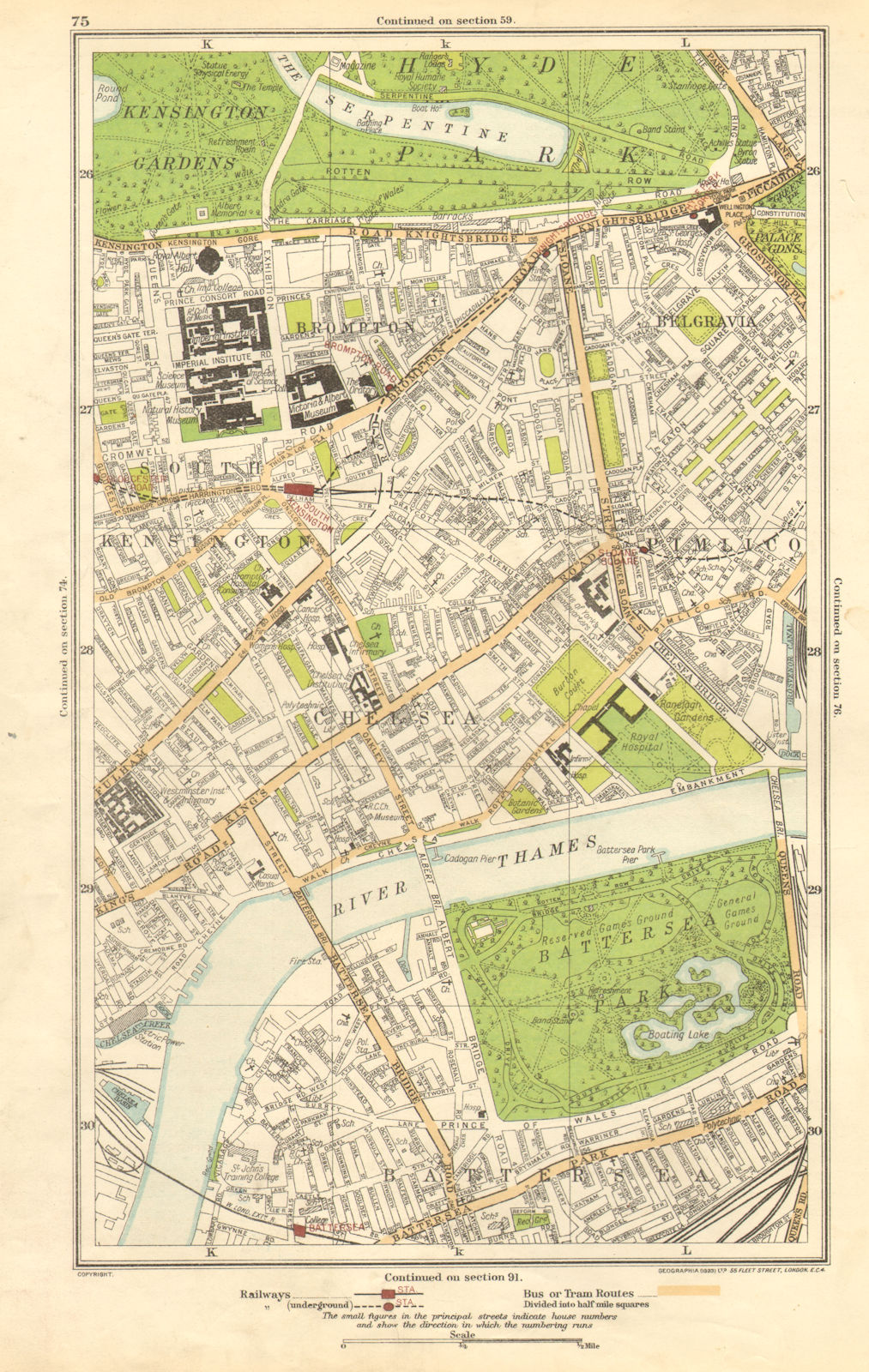 CHELSEA. Battersea,Belgravia,Pimlico,Kensington,Brompton,Battersea 1923 map