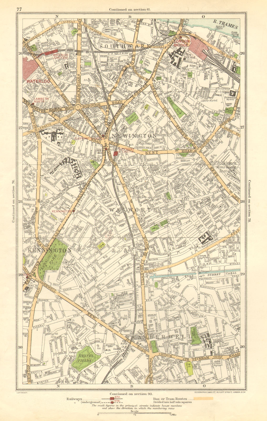 SOUTHWARK. Camberwell, Bermondsey, Lambeth, Kennington, Newington 1923 old map