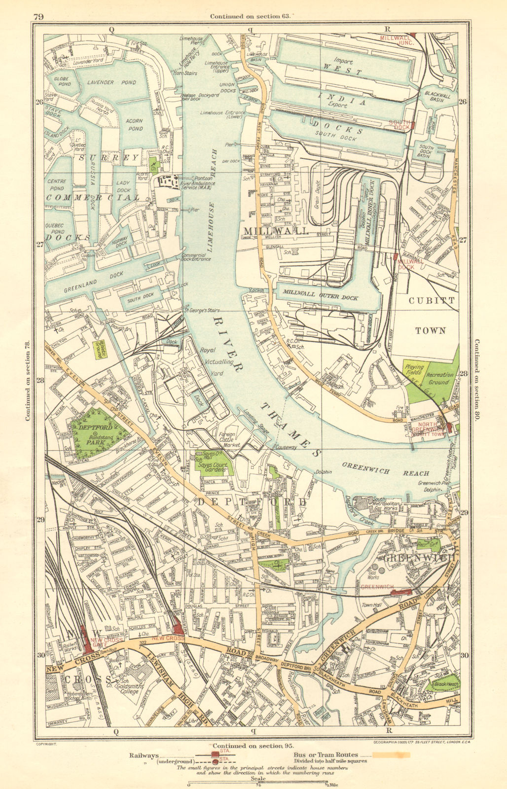 DEPTFORD.Greenwich,Millwall,New Cross,Surrey Docks,West India Docks 1923 map