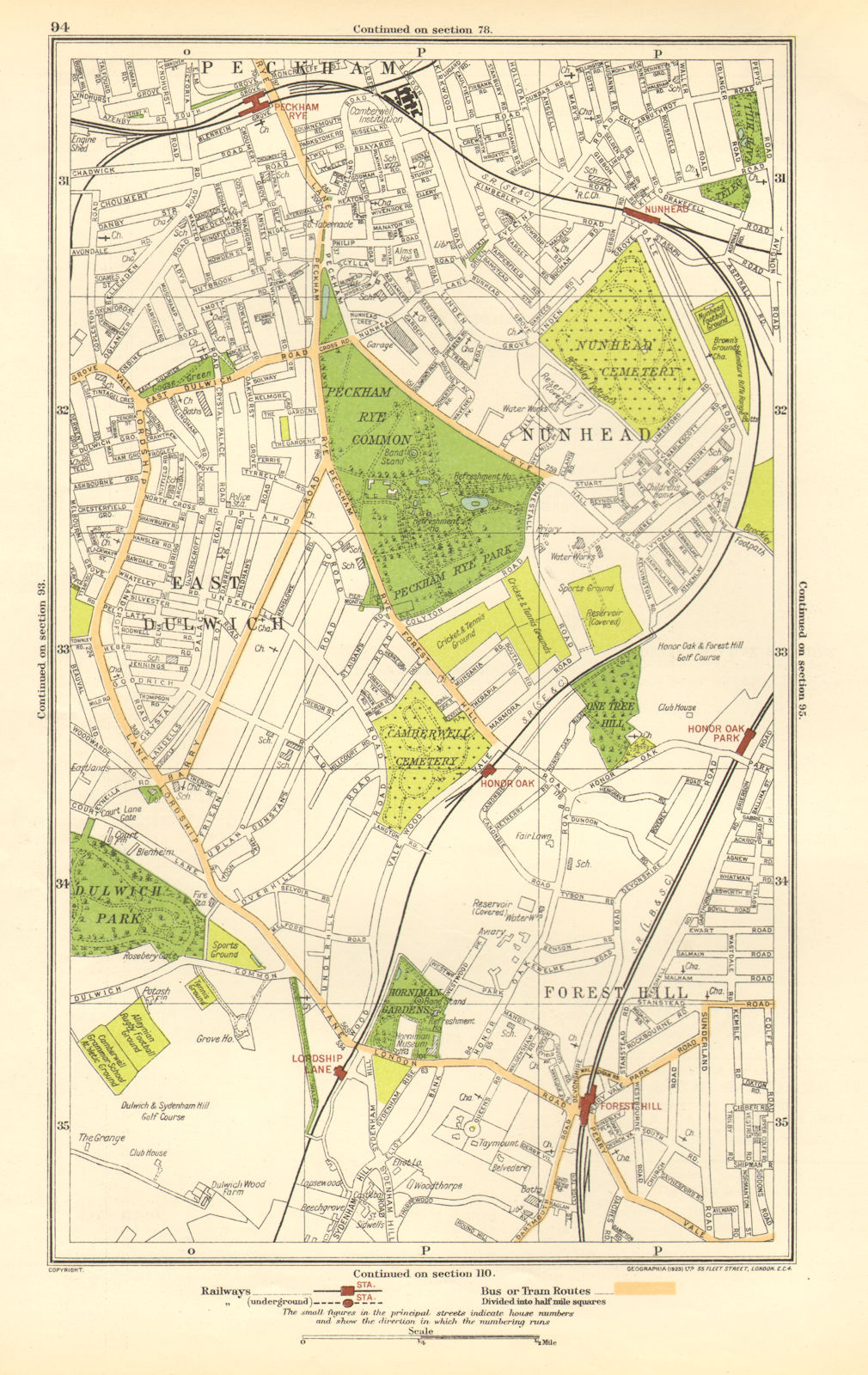 Associate Product LONDON. East Dulwich, Forest Hill, Nunhead, Peckham Rye, Honor Oak 1923 map