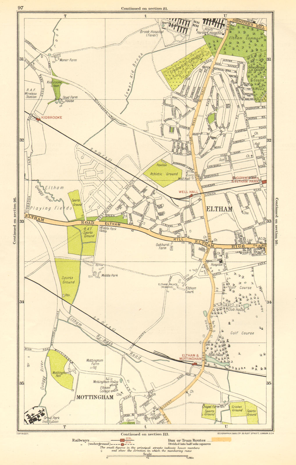 ELTHAM. Mottingham, Kidbrooke, Shooter's Hill, Eltham Park, Horn Park 1923 map