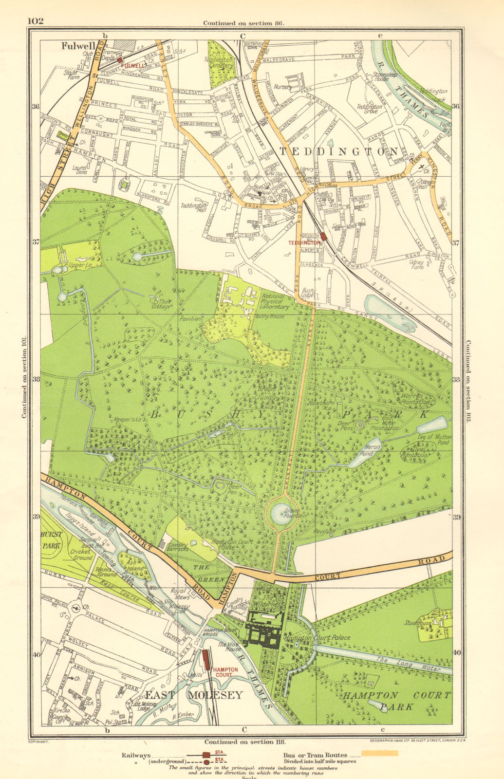 SURREY. East Molesey, Teddington, Fulwell, Hampton Court, Bushy Park 1923 map