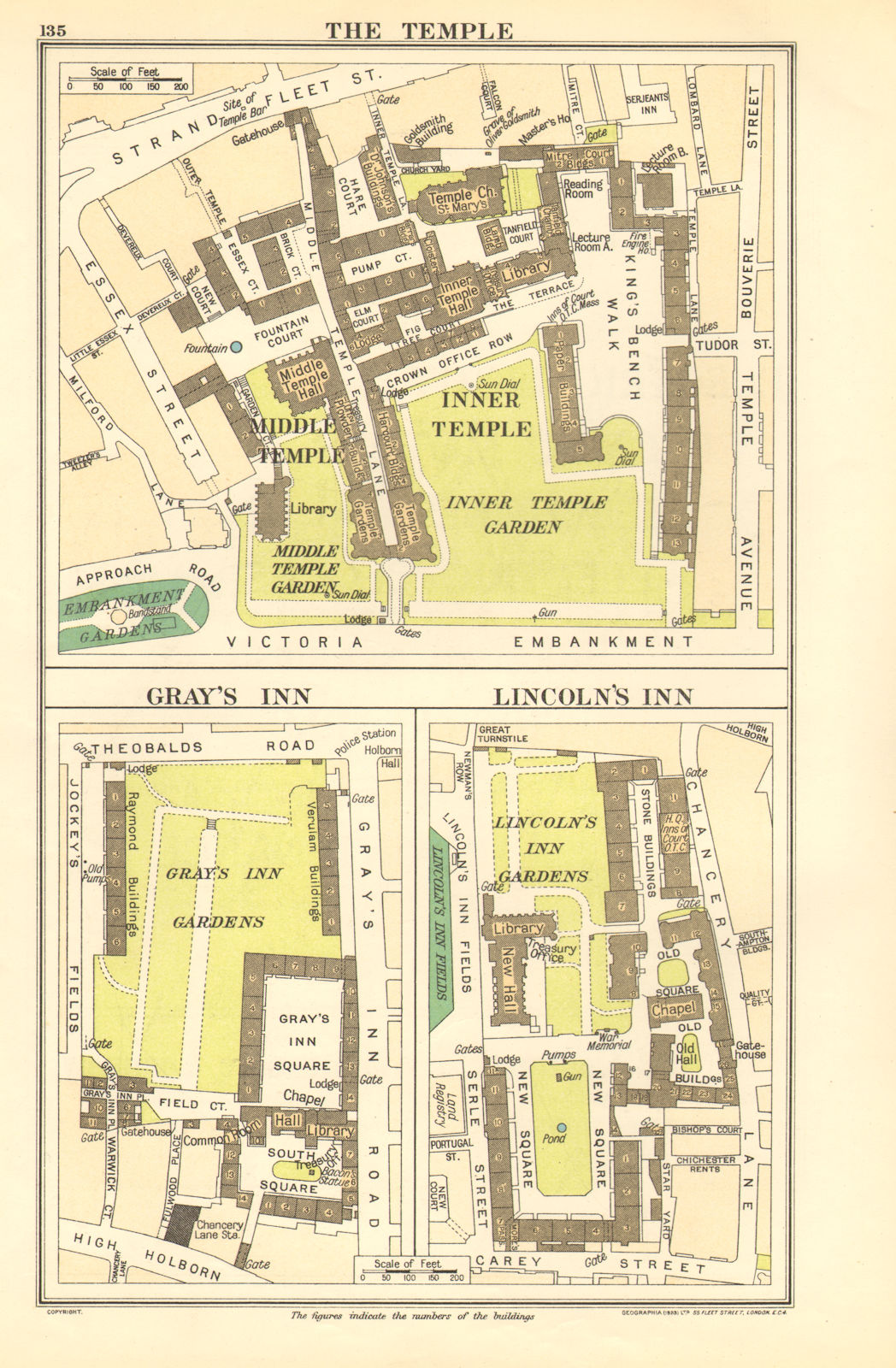 LONDON. The Temple; Gray's Inn; Lincoln's Inn 1923 old antique map plan chart