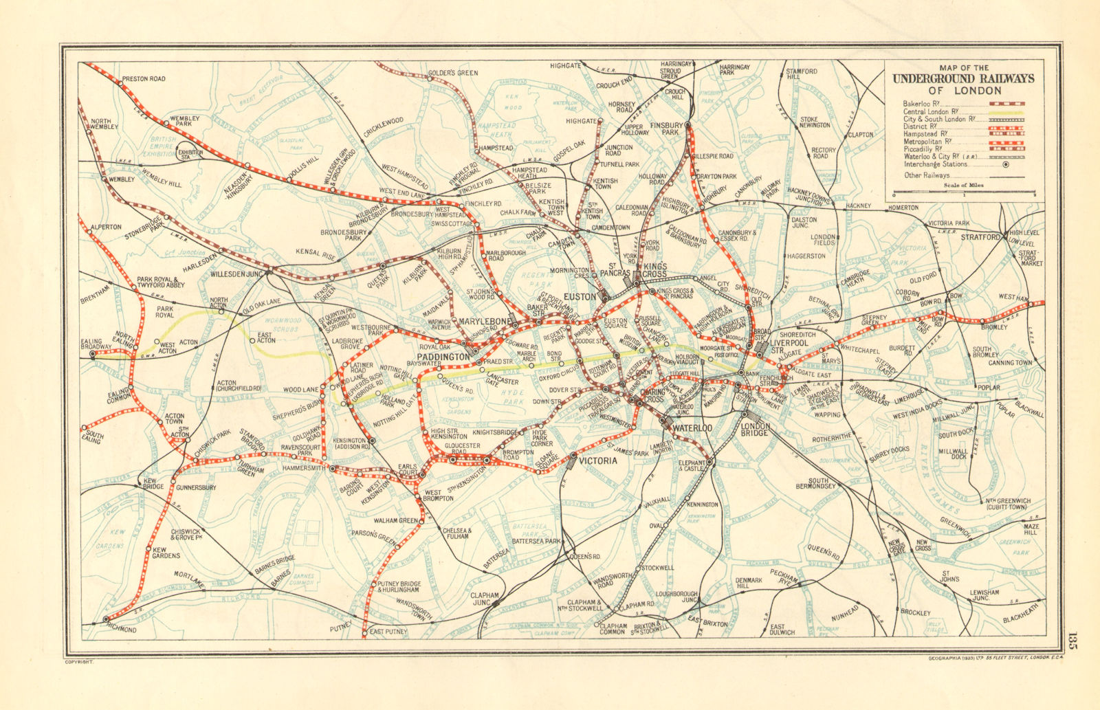 LONDON. Vintage Underground / Tube map 1923 old antique plan chart