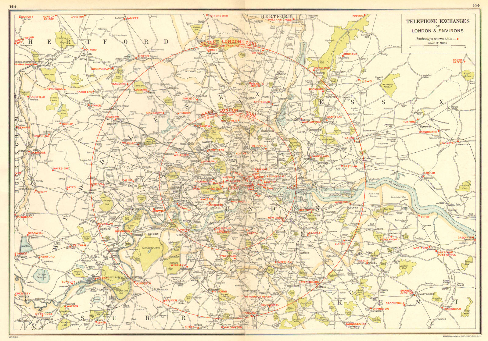 LONDON. Telephone Exchanges of London & Environs 1923 old antique map chart