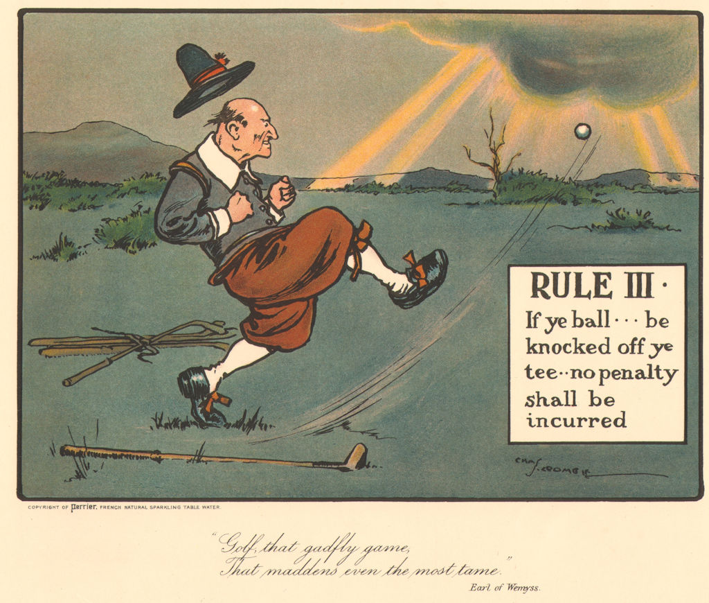 GOLF. Charles Crombie. RULE III. If ball is knocked off the tee. Original 1905