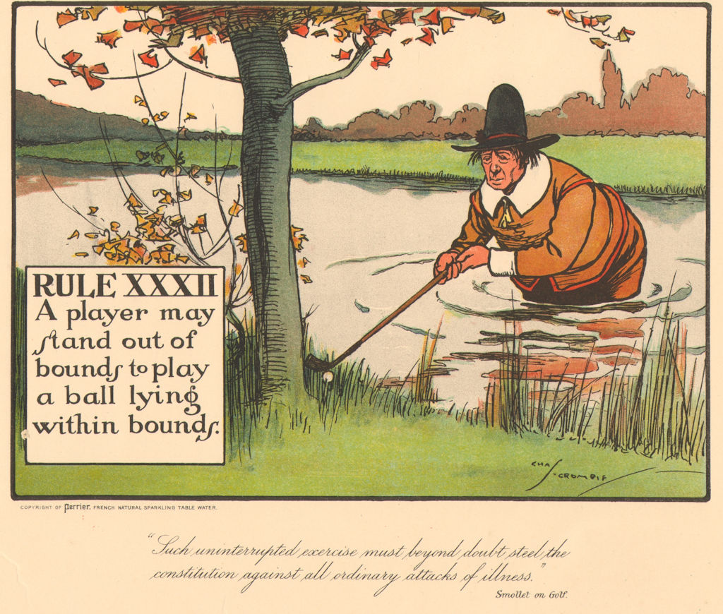 GOLF. Charles Crombie. RULE XXXII. Player may stand out of bounds.Original 1905