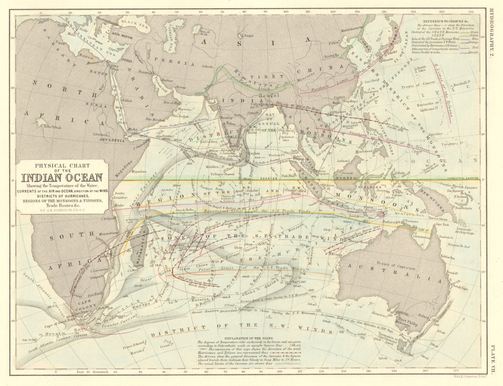 INDIAN OCEAN. Physical. Currents winds monsoons typhoons trade routes 1850 map