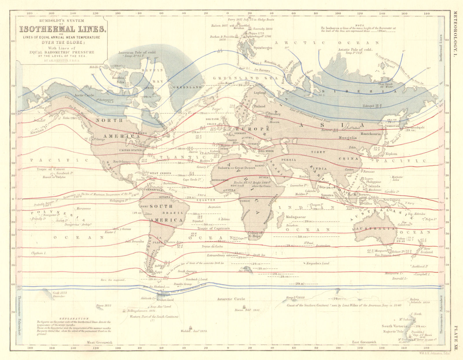 WORLD. Humboldt's isothermal lines (equal annual mean temperature) 1850 map