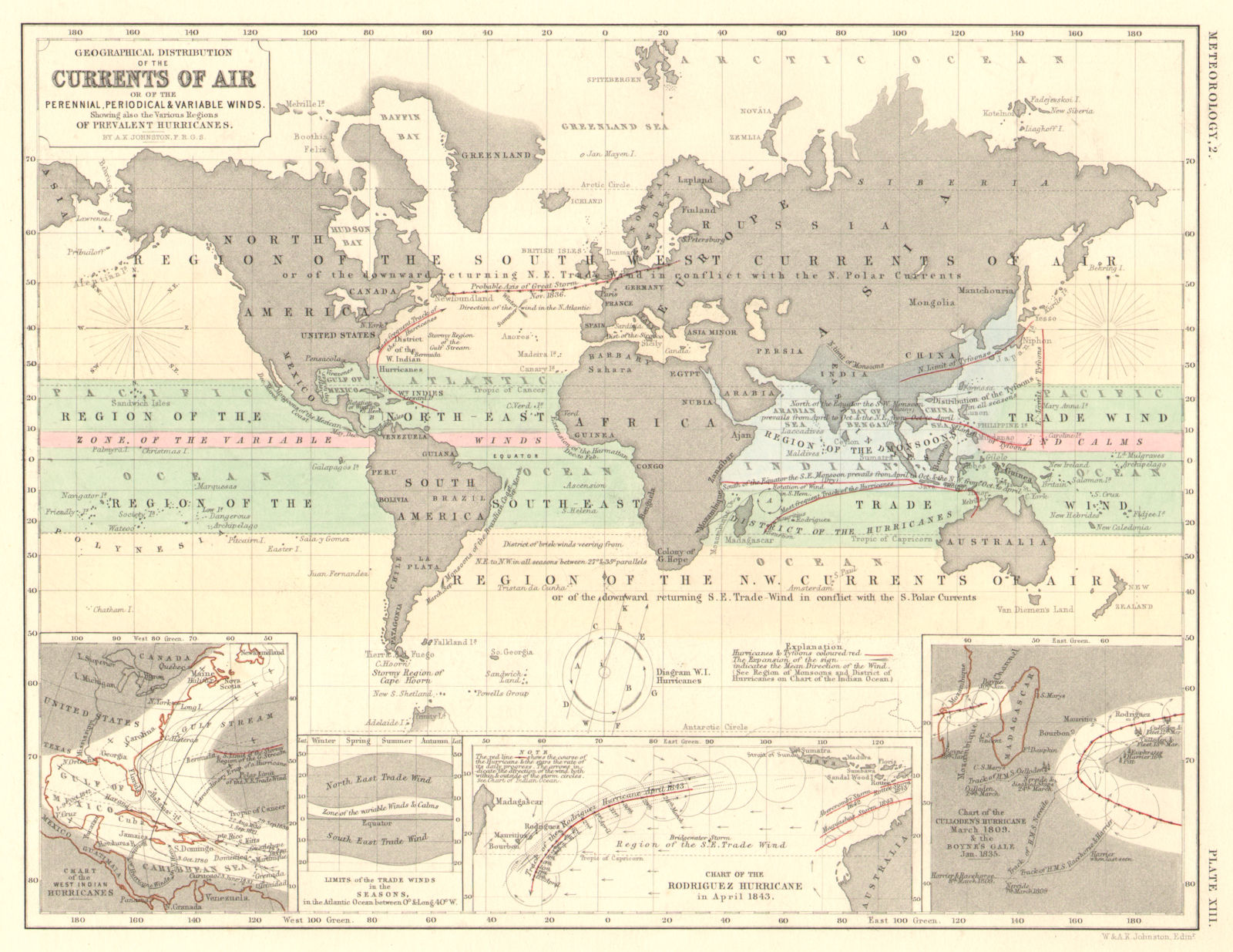 WORLD. Air current & wind distribution. Hurricane tracks. Trade winds 1850 map