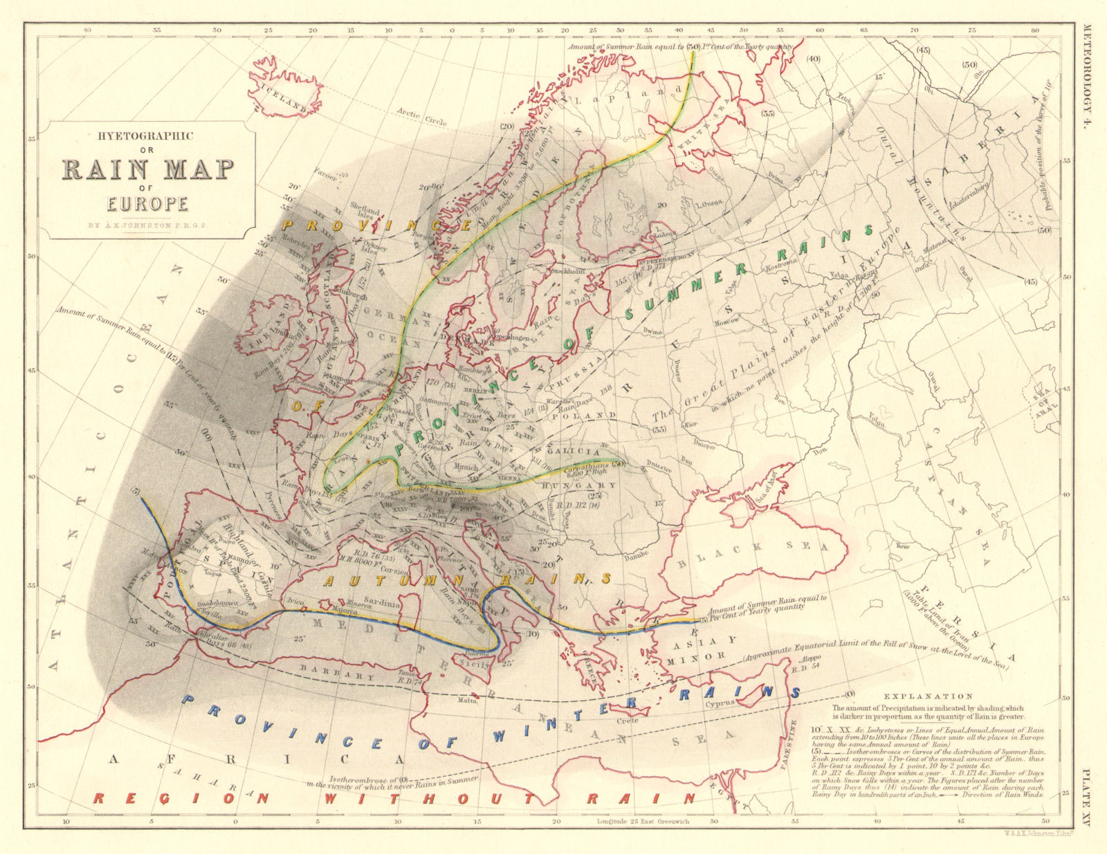 Associate Product EUROPE. Hyetographic or rain map of Europe 1850 old antique plan chart