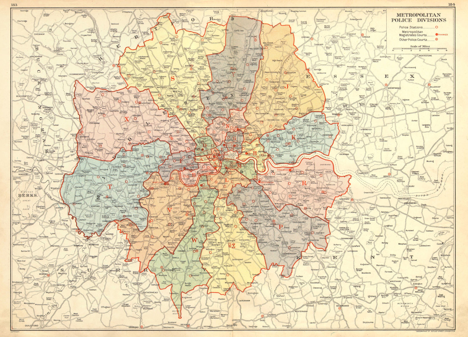 LONDON. Metropolitan Police Divisions. Stations. Magistrates Courts 1937 map