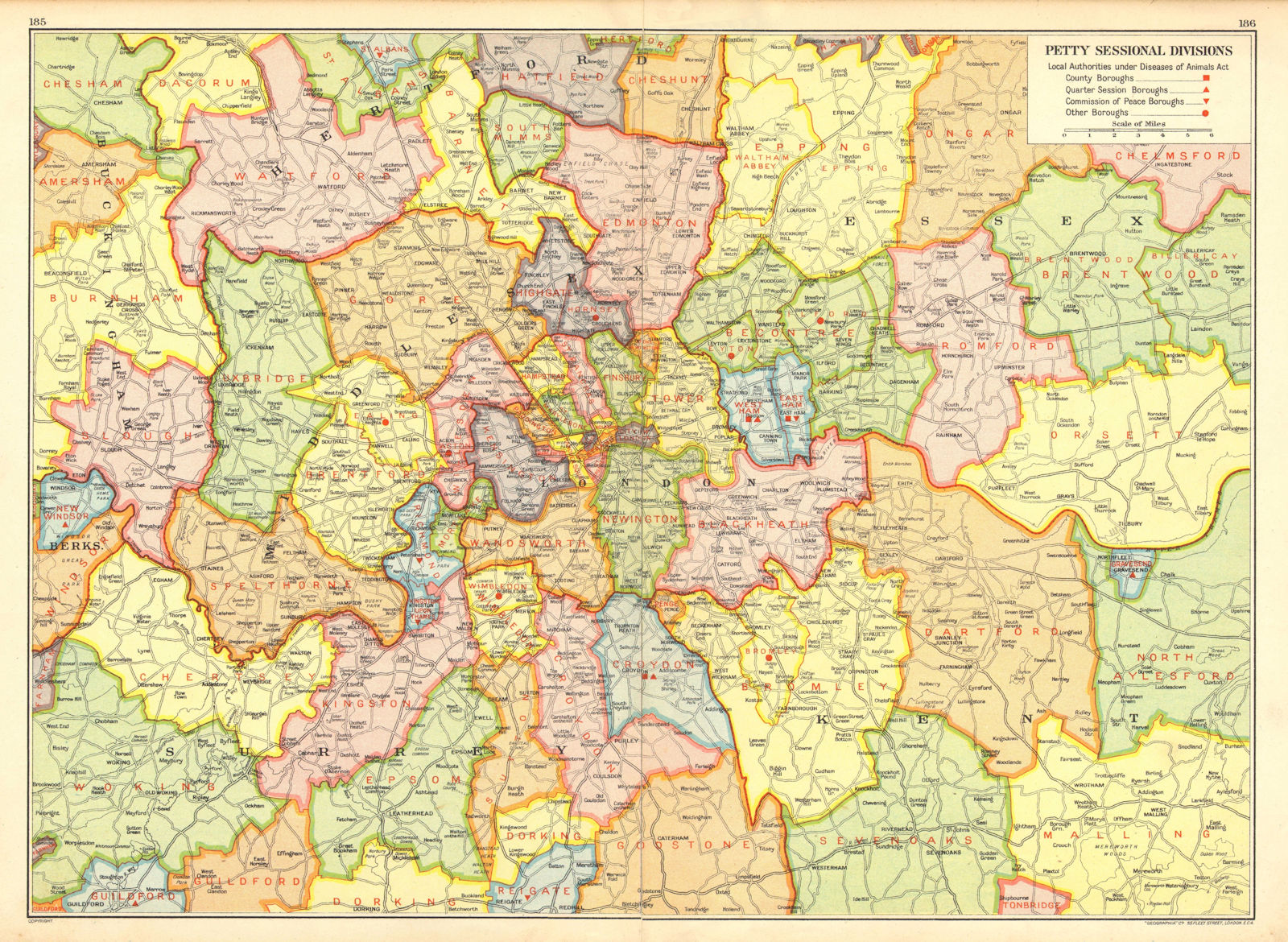 LONDON. Petty Sessional Divisions. Quarter Session boroughs 1937 old map