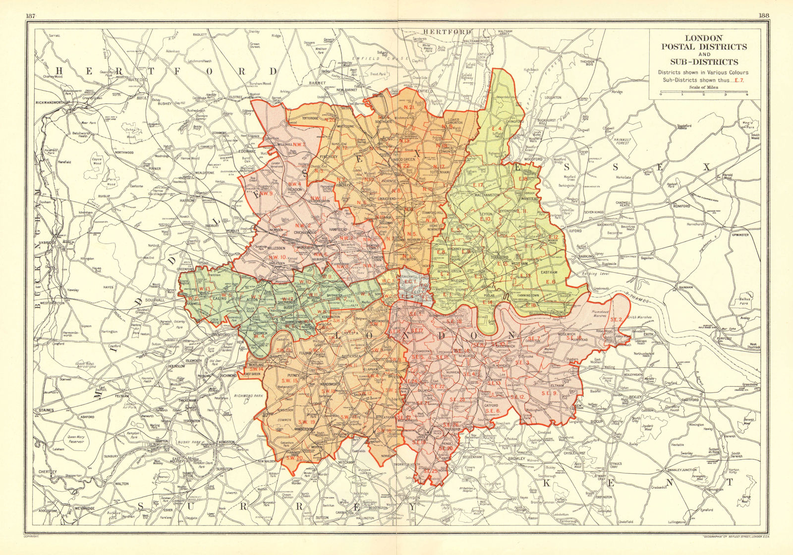 LONDON. Postal Districts and Sub-Districts. Postcodes 1937 old vintage map