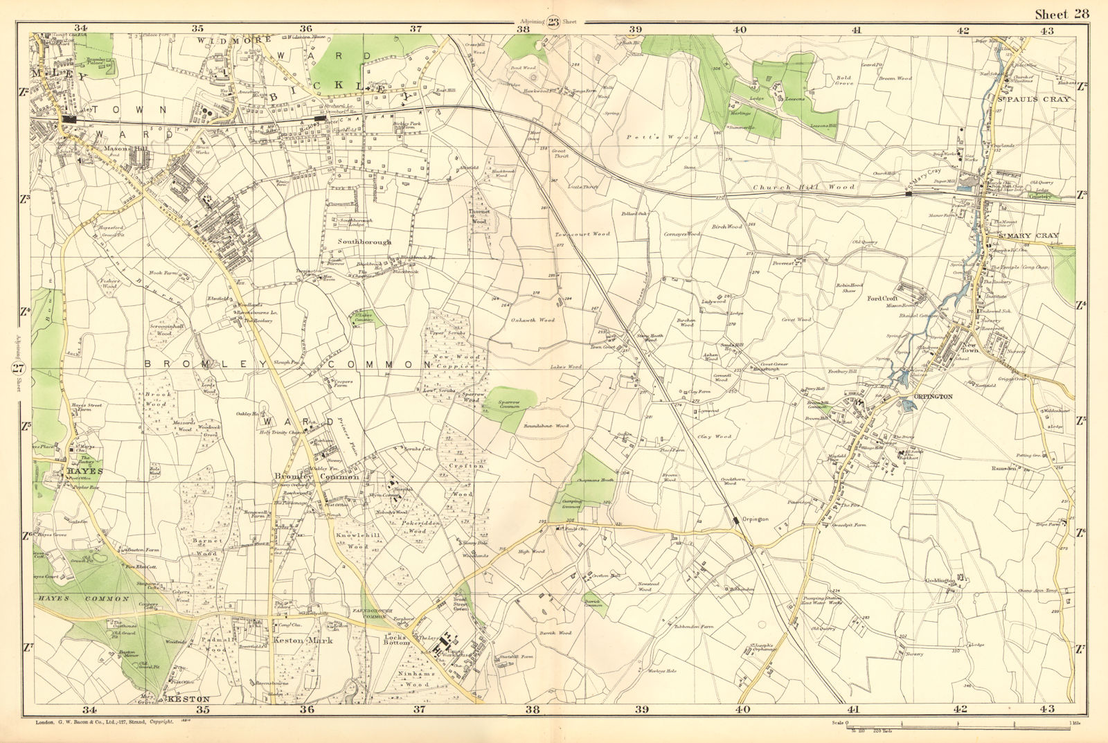 Associate Product BROMLEY & ORPINGTON.Hayes,Petts Wood,Keston,St Paul's Mary Cray.BACON 1902 map