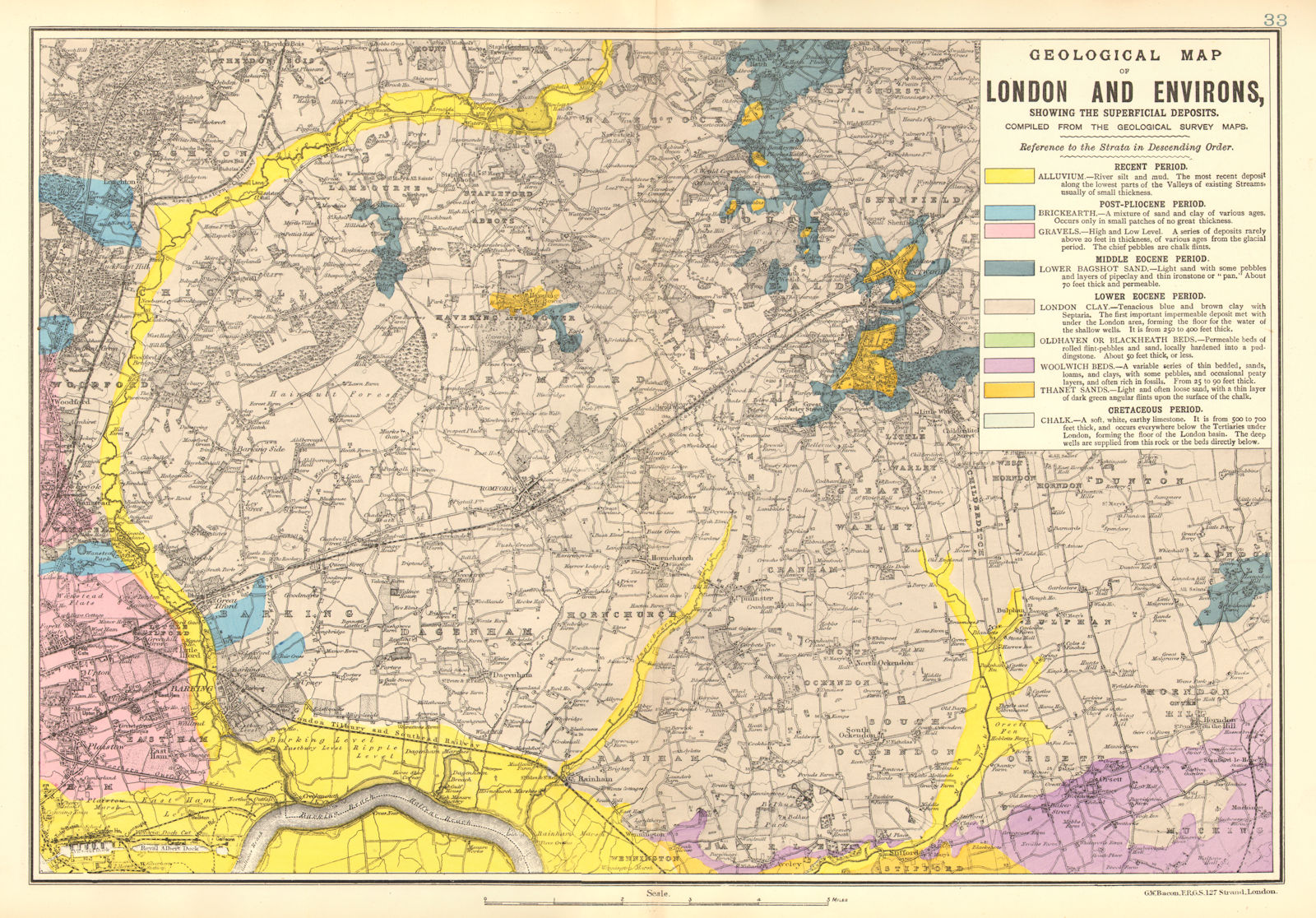 NE LONDON GEOLOGICAL.Essex Redbridge Newham Barking Dagenham &c.BACON 1902 map