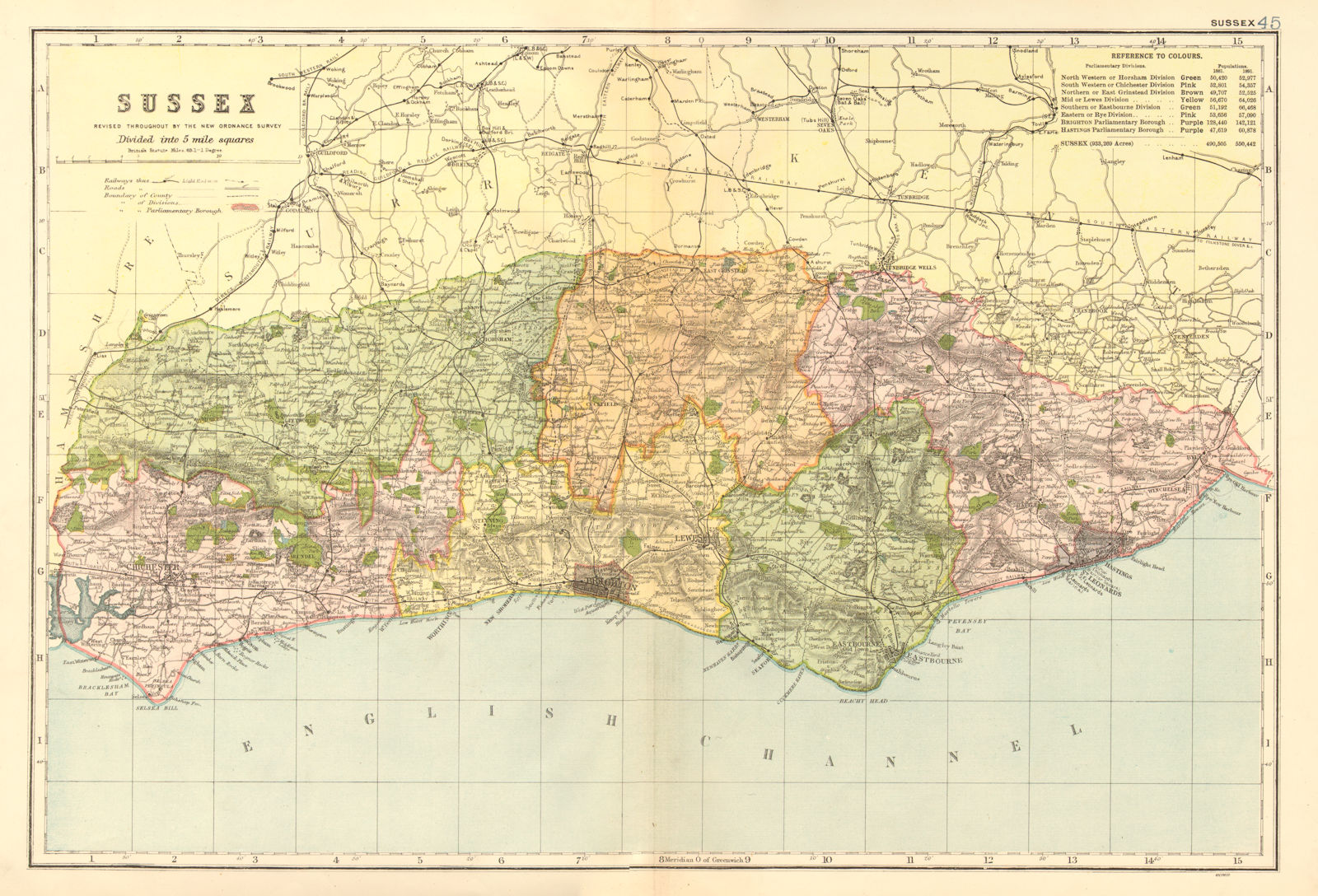 Associate Product SUSSEX. County map. Parliamentary constituencies divisions. Railways. BACON 1902