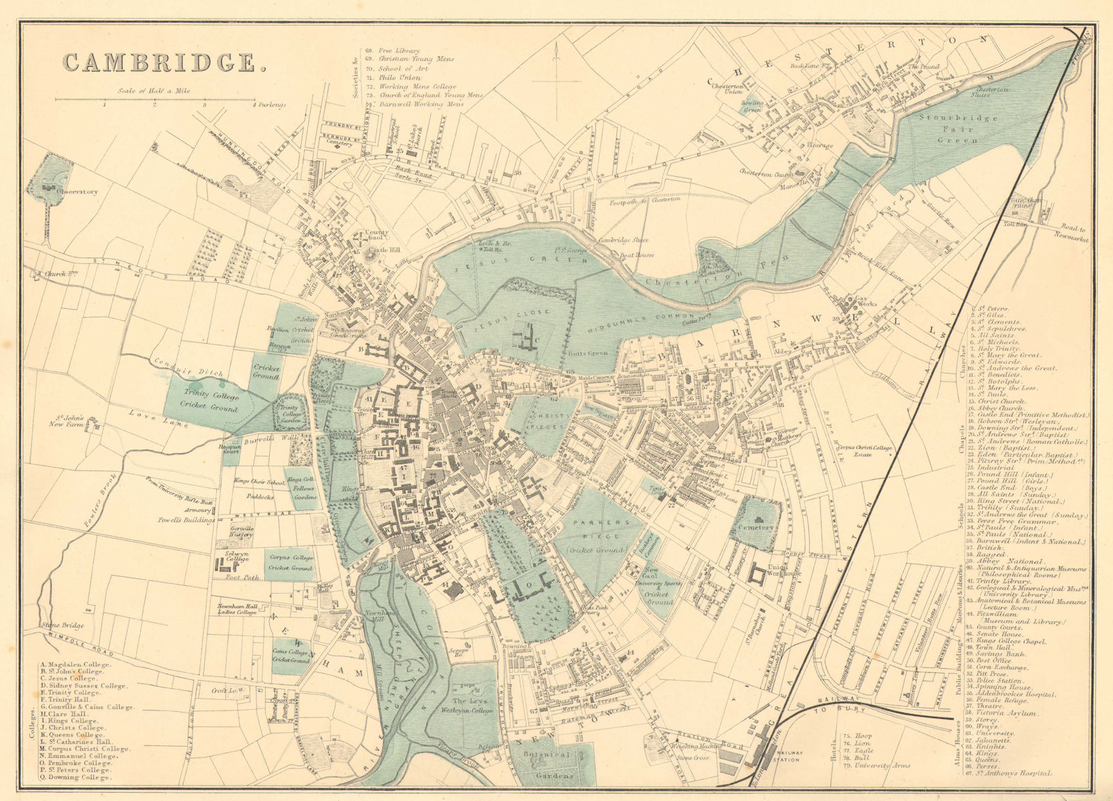 CAMBRIDGE. Antique town plan by GW BACON. Colleges schools churches 1884 map