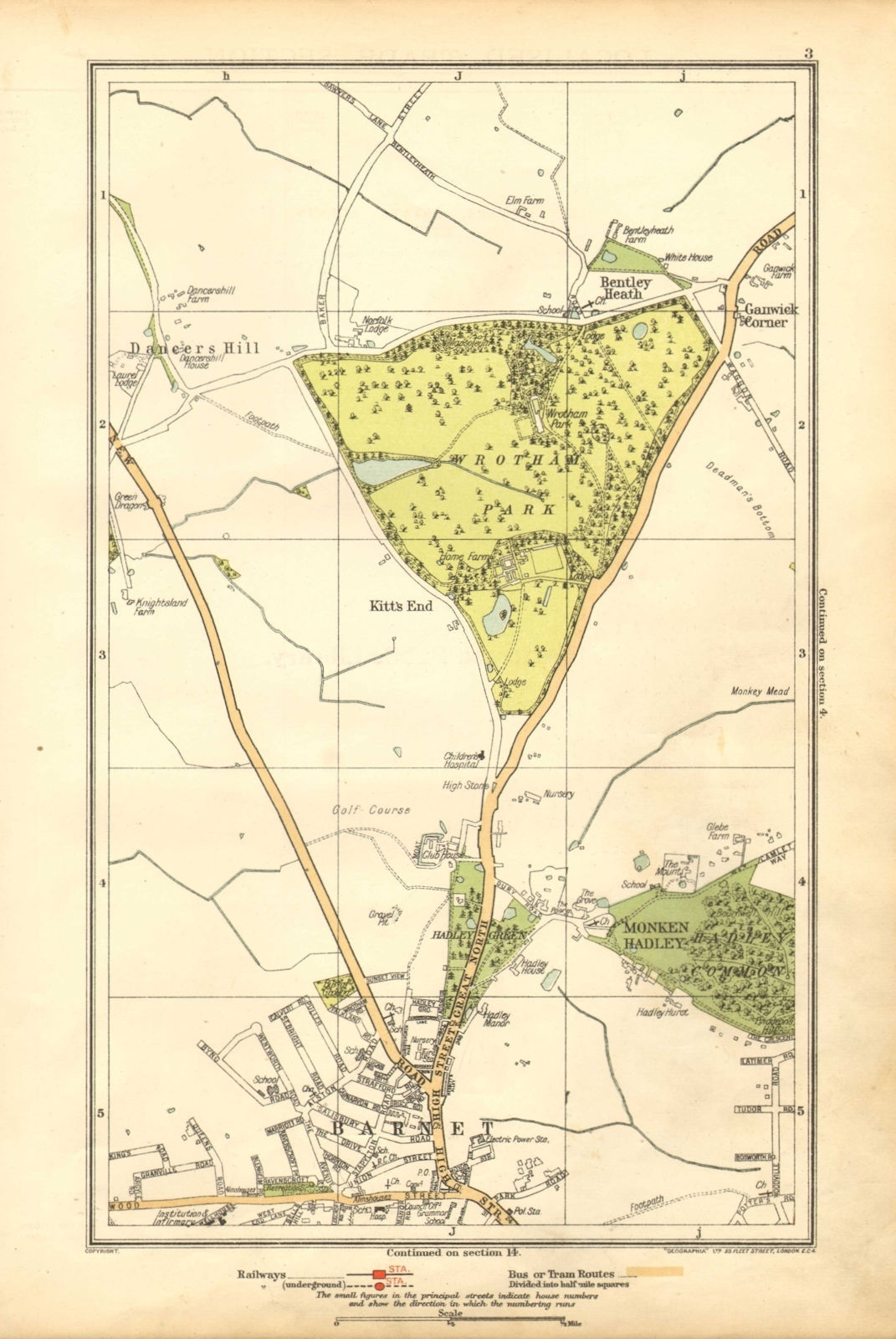 BARNET.Monken Hadley,Wrotham Park,Kitts End,Dancer's Hill,Ganwick Cnr 1928 map