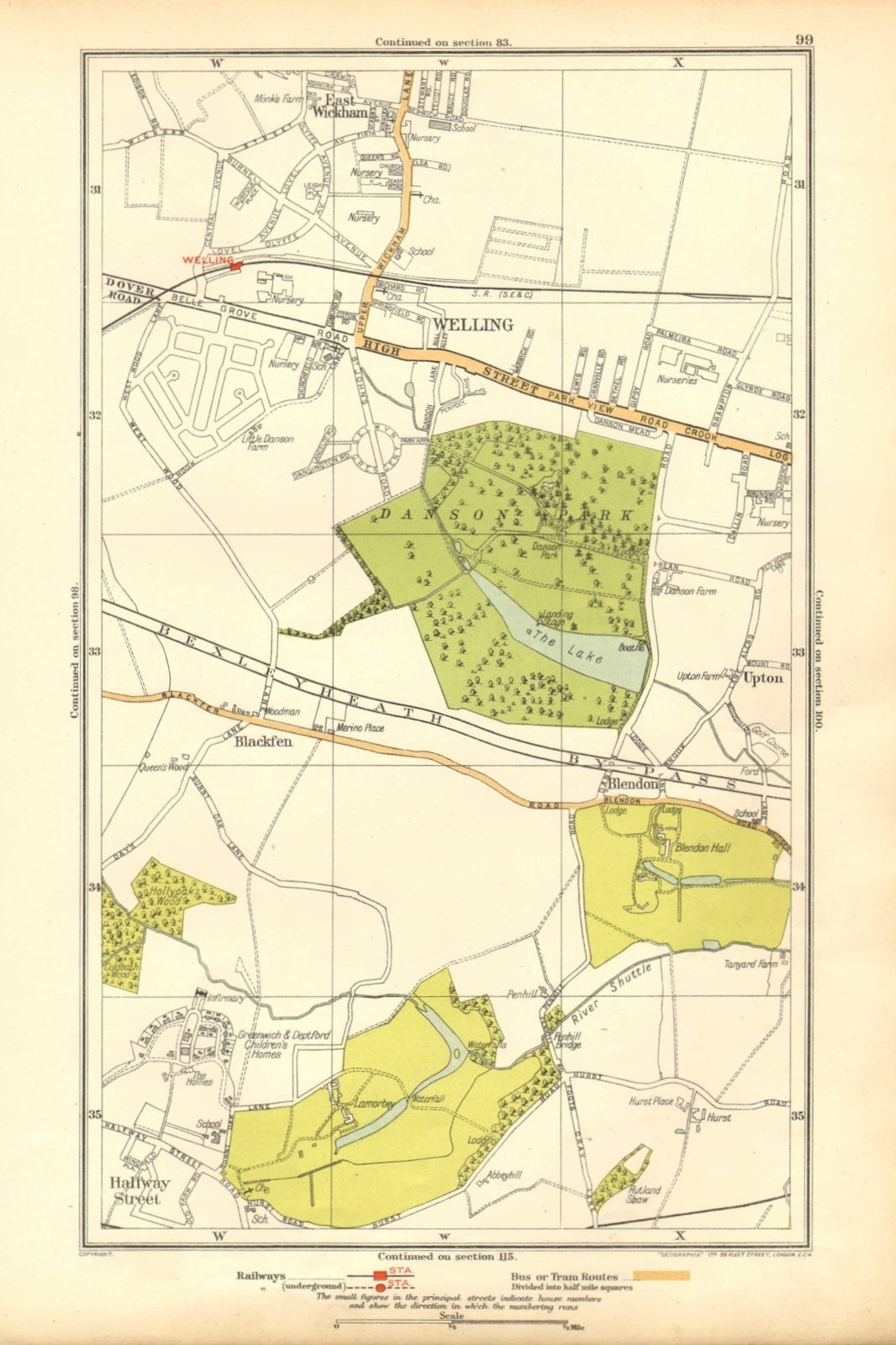 BEXLEY. Welling,Blackfen,Blendon,East Wickham,Upton,Halfway Street 1928 map