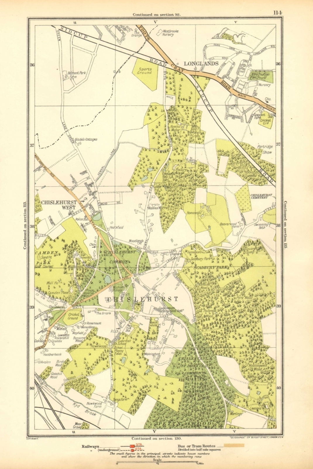 CHISLEHURST.Chislehurst West,Longlands,Pett's Wood,Sidcup,Park Wood 1928 map
