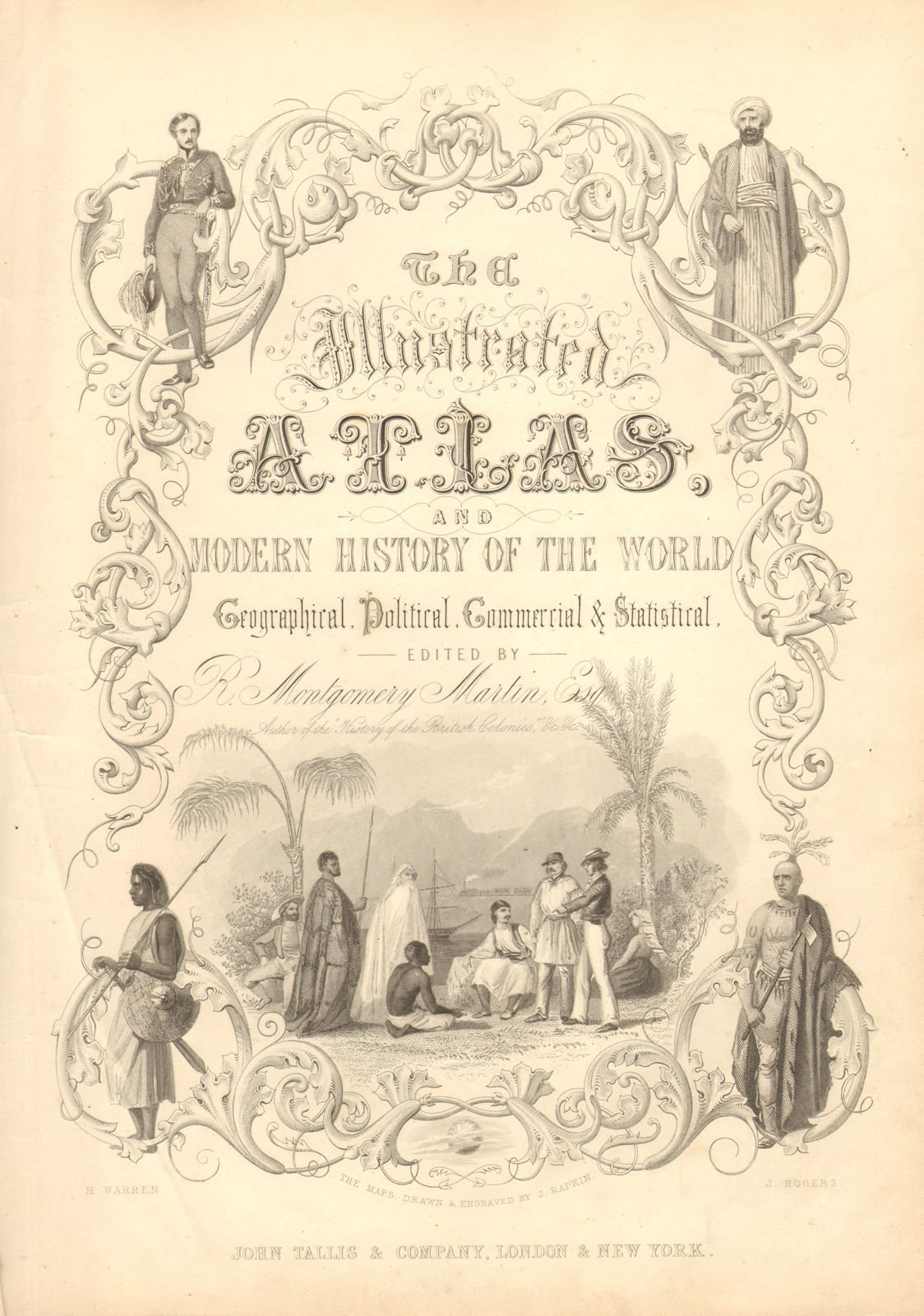 TALLIS ILLUSTRATED ATLAS TITLE PAGE. Figures represent 4 continents 1851 print
