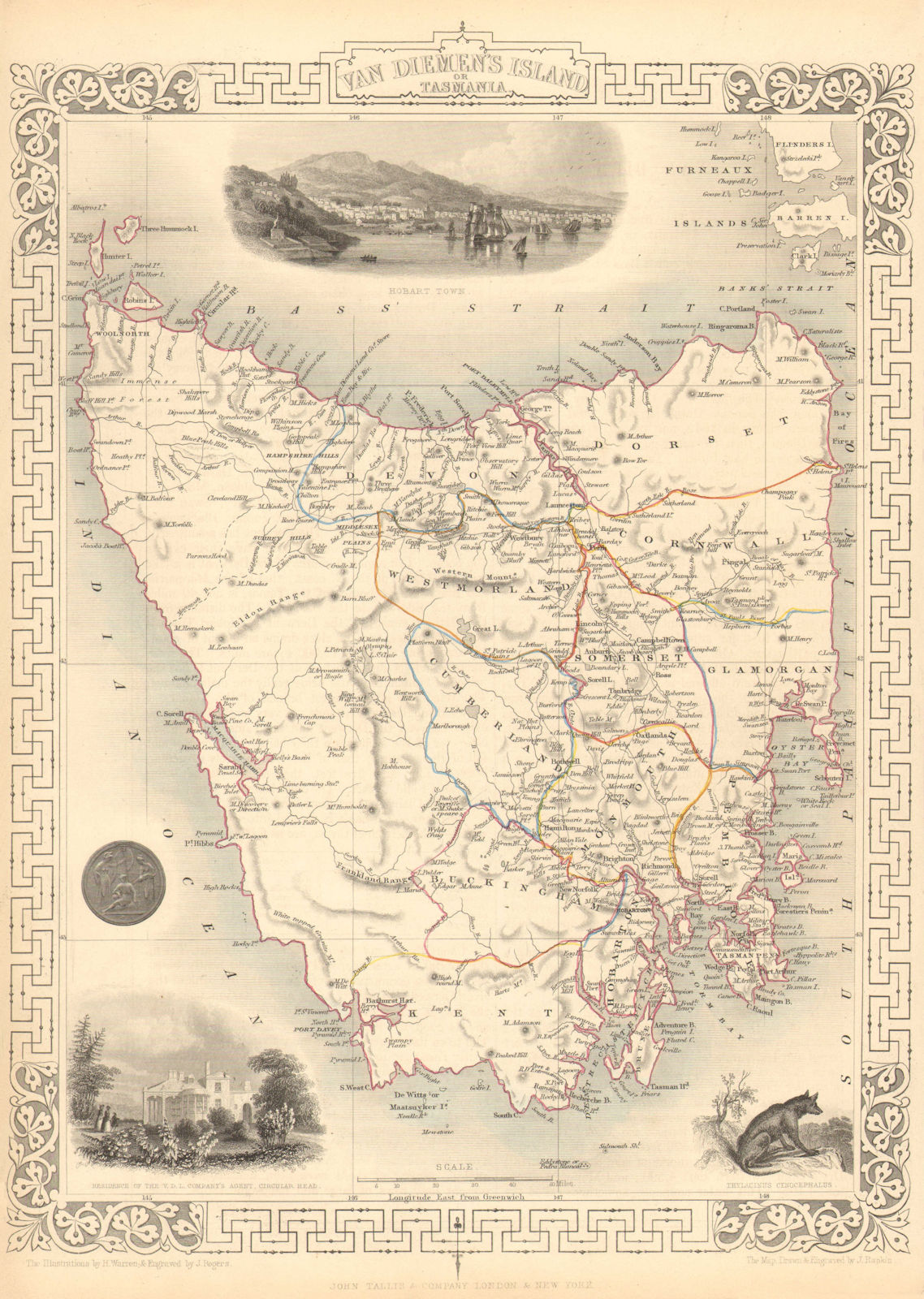 VAN DIEMEN'S ISLAND OR TASMANIA. Shows extinct Thylacine.TALLIS/RAPKIN 1851 map
