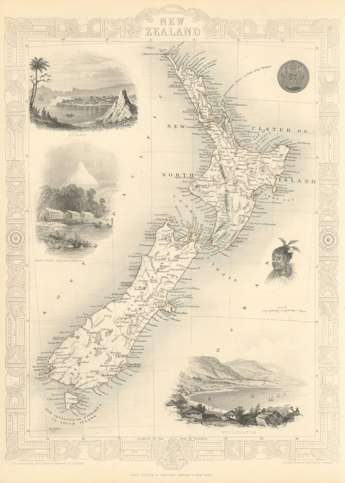 NEW ZEALAND. Shows NZ Company settlements in 1851. TALLIS/RAPKIN 1851 old map