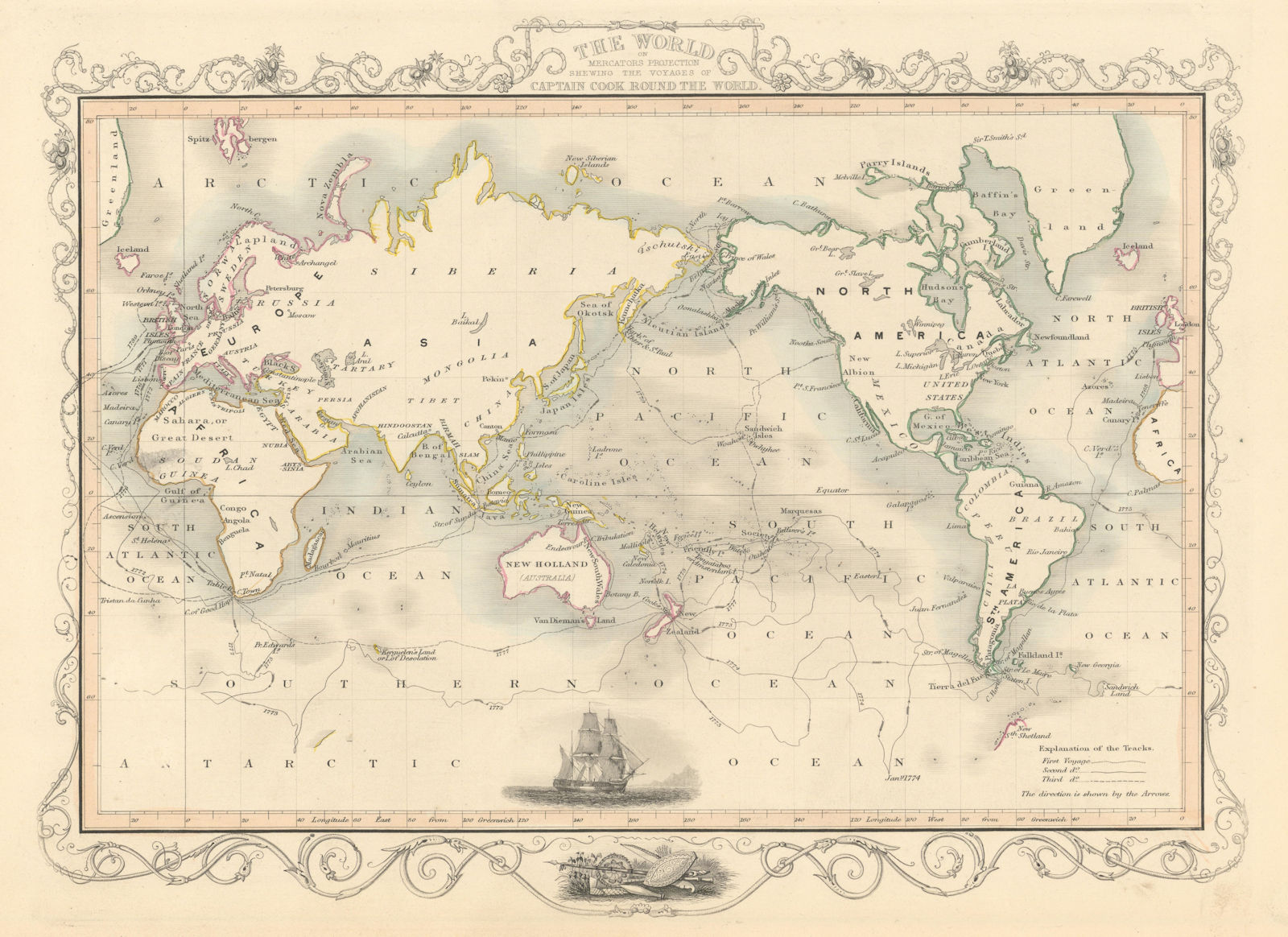 THE WORLD. 'Shewing the voyages of Captain Cook'. TALLIS/RAPKIN 1851 old map