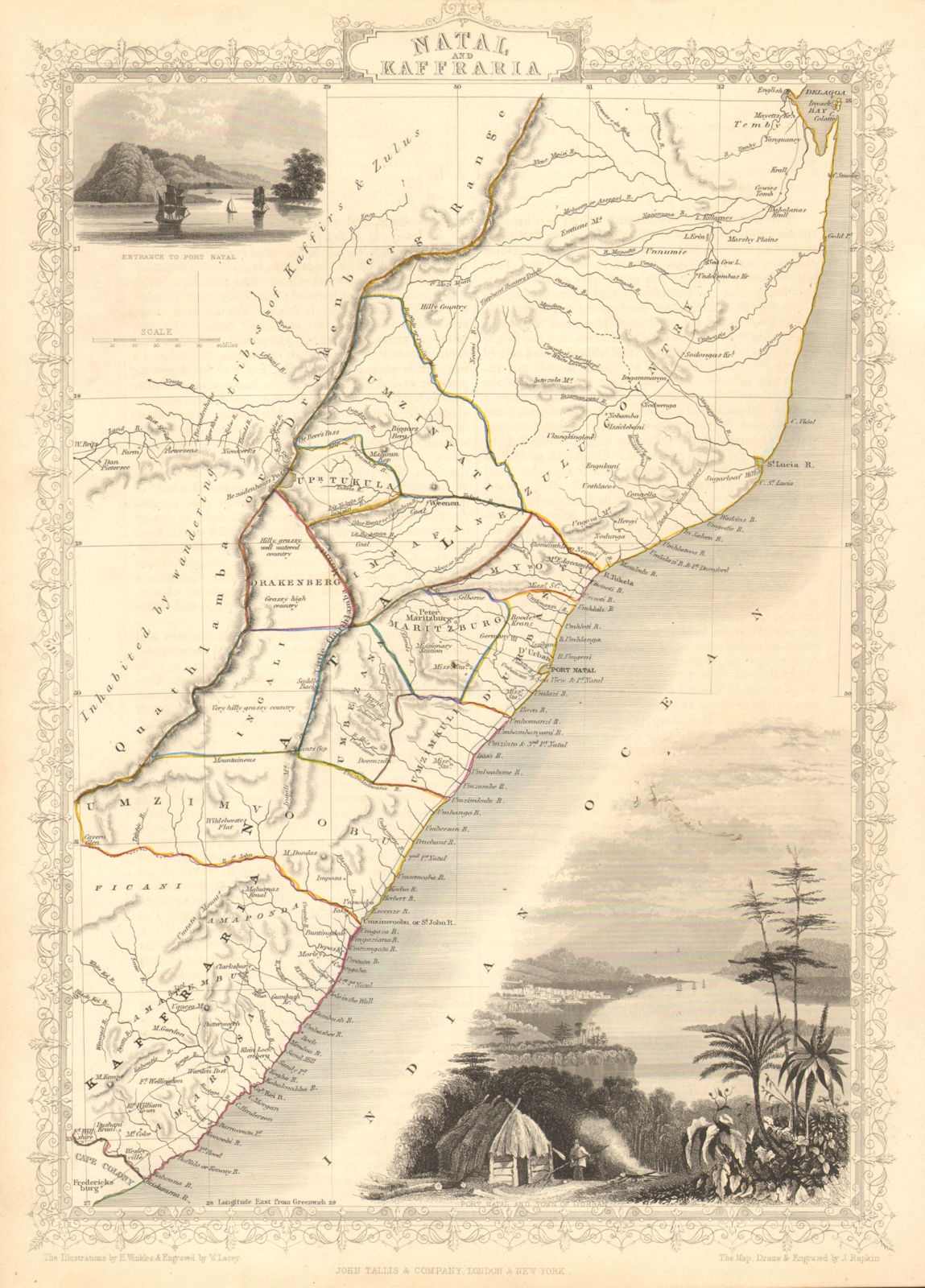 NATAL & KAFFRARIA'. Eastern Cape. Durban. South Africa TALLIS/RAPKIN 1851 map