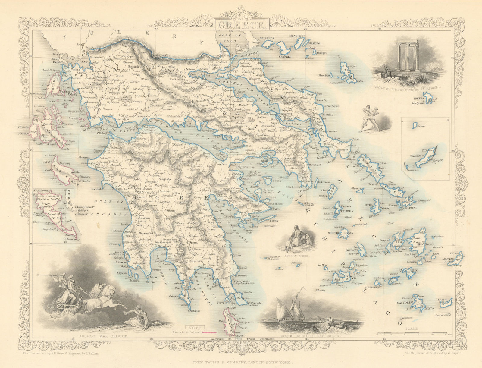 GREECE. Shows United States of the Ionian Islands (pink) TALLIS/RAPKIN 1851 map