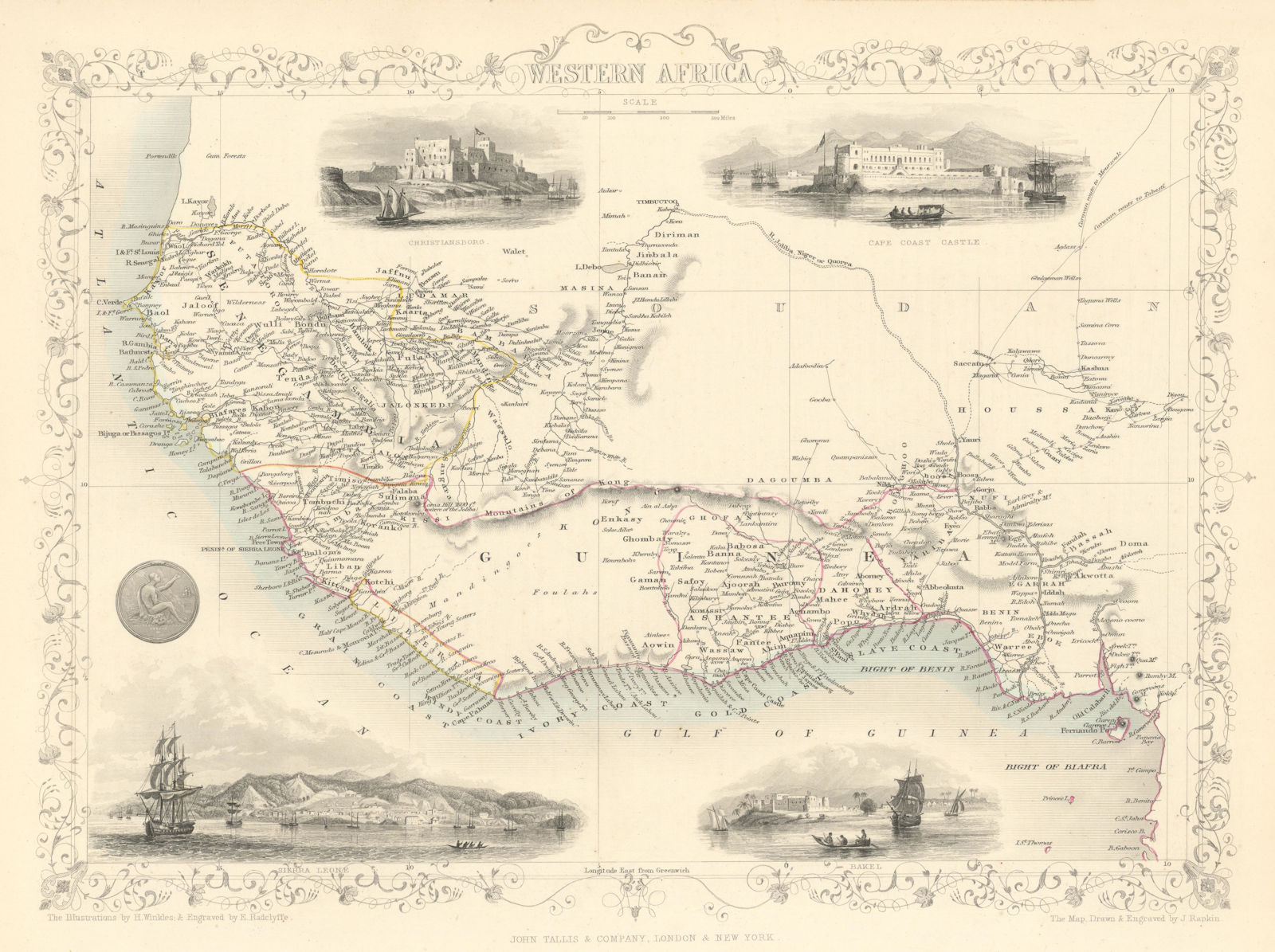 WESTERN AFRICA.Kong Mountains.Caravan routes.Slave Coast.TALLIS/RAPKIN 1851 map