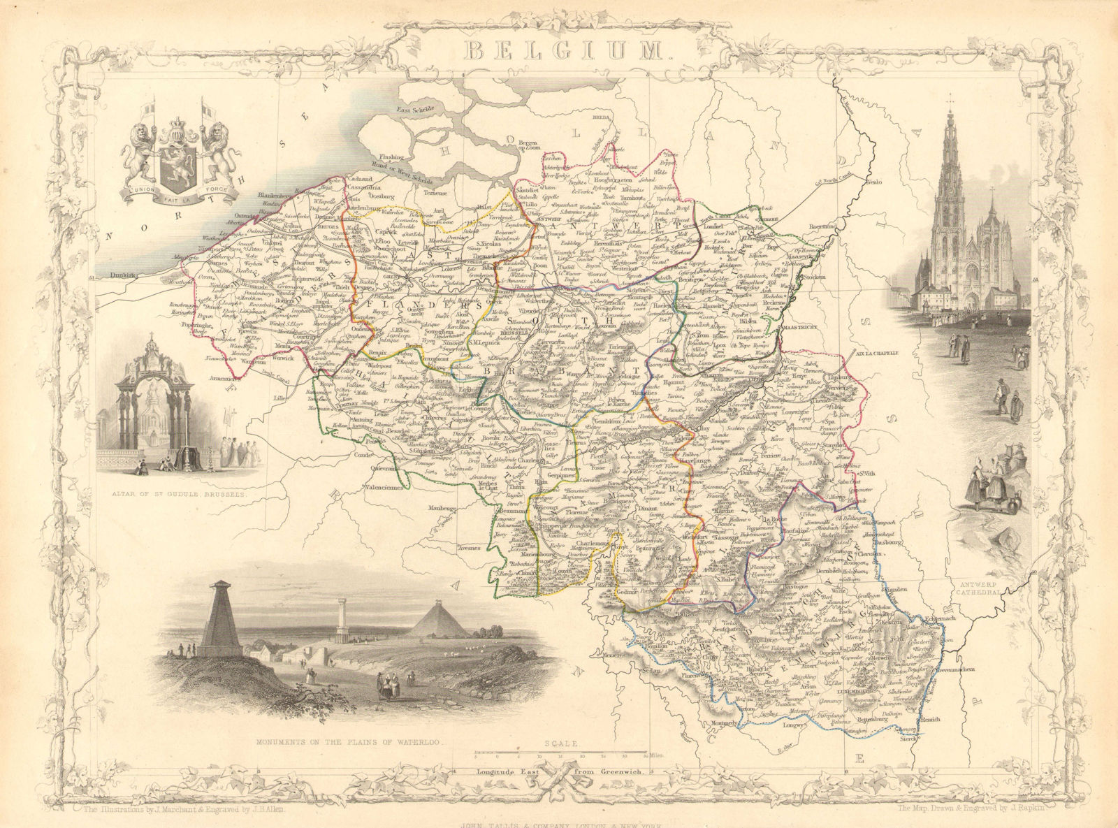 BELGIUM. with Luxembourg. Antwerp & Waterloo vignettes. TALLIS/RAPKIN 1851 map