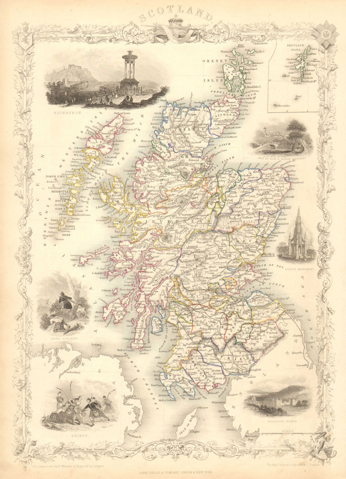 SCOTLAND. Edinburgh Shinty & Holyrood views. Counties. TALLIS/RAPKIN 1851 map