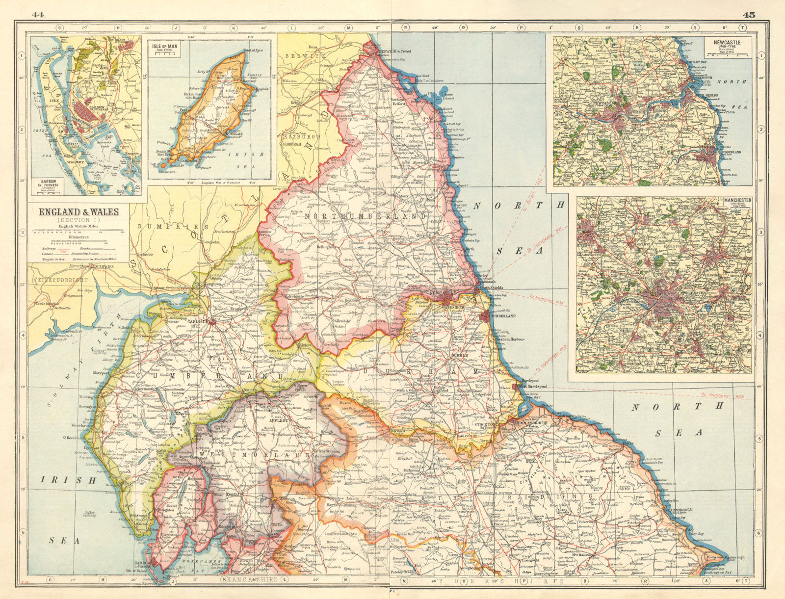 ENGLAND NORTH. Cumbs Northumbs Durham Westm N Yorks. Barrow Newcastle 1920 map