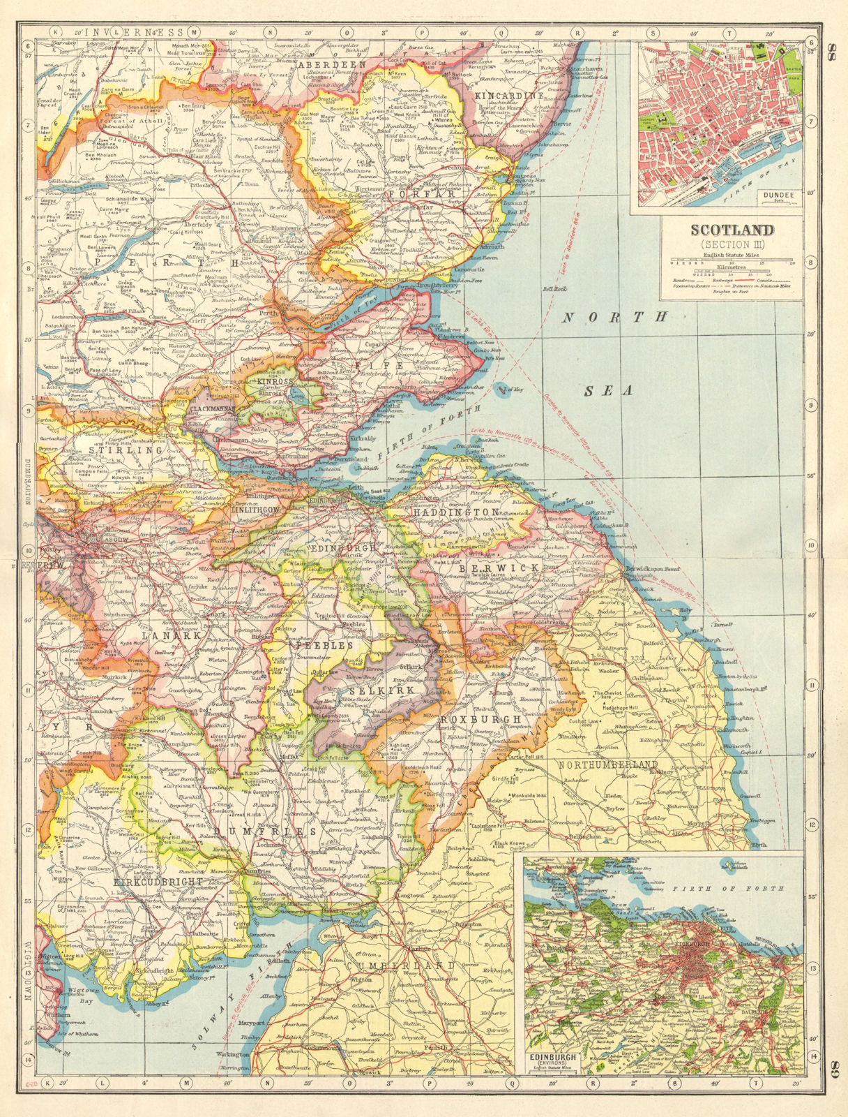 SCOTLAND SOUTH EAST.Borders Lothian Fife Tayside.Dundee Edinburgh plan 1920 map