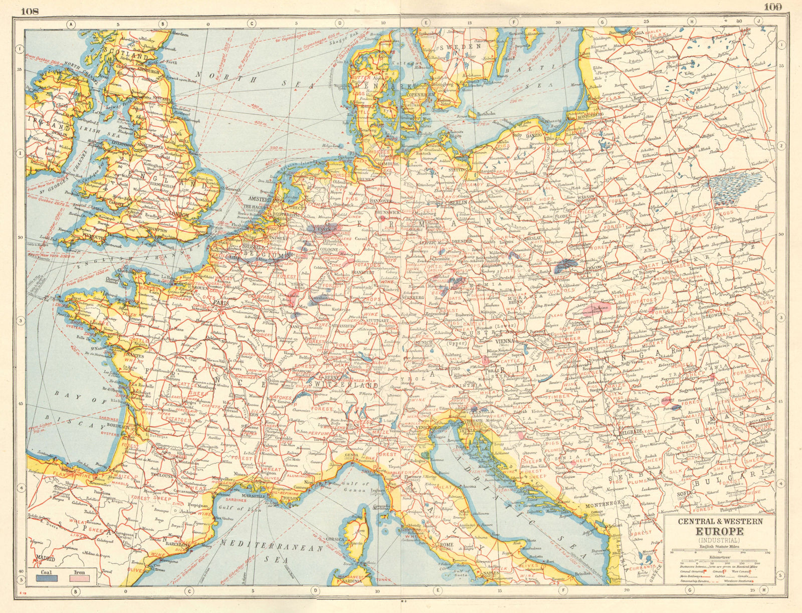 EUROPE. INDUSTRIES. Coal & Iron deposits. British consuls. Railways 1920 map