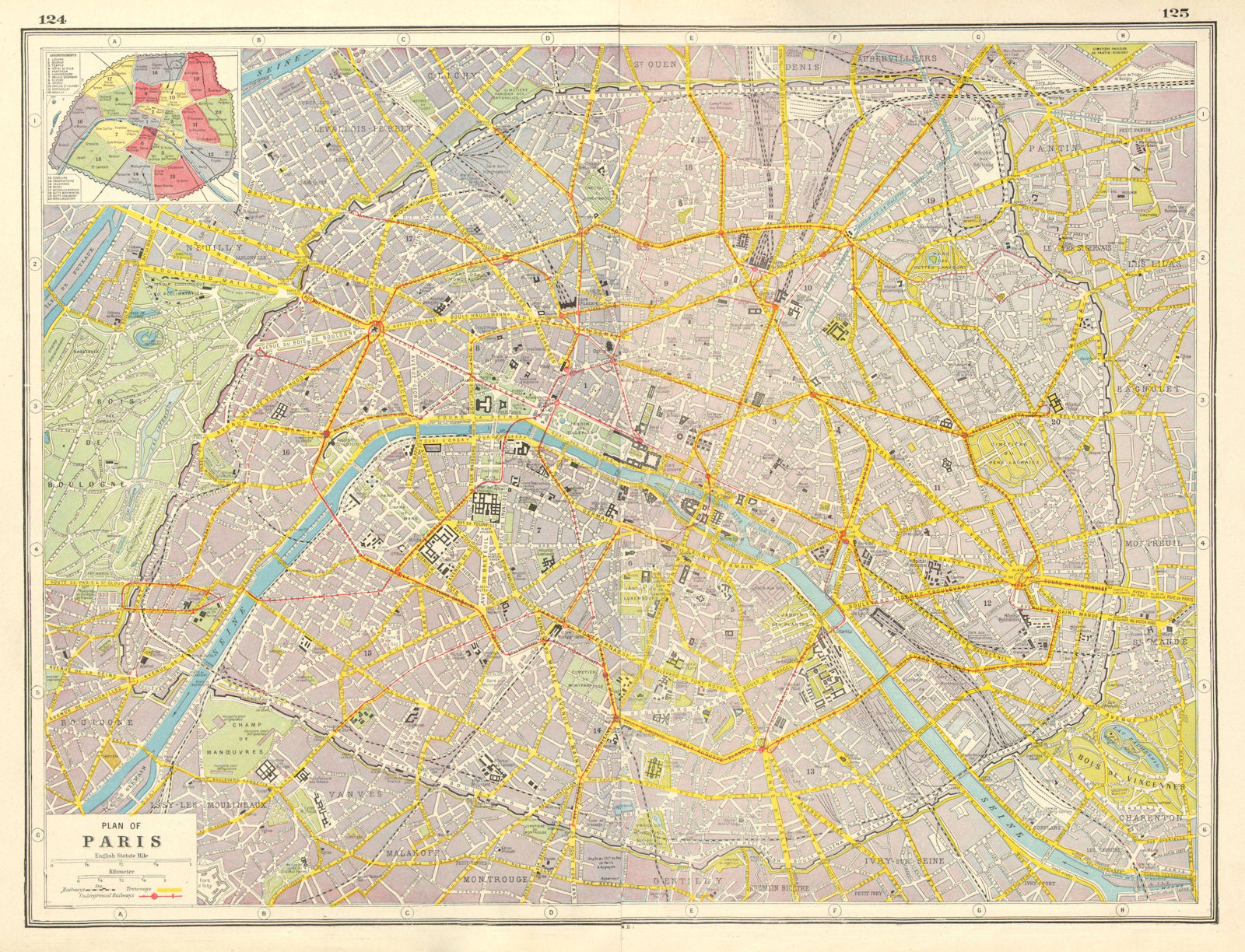 PARIS CITY PLAN. tramways railways fortifications Arrondissements 1920 old map