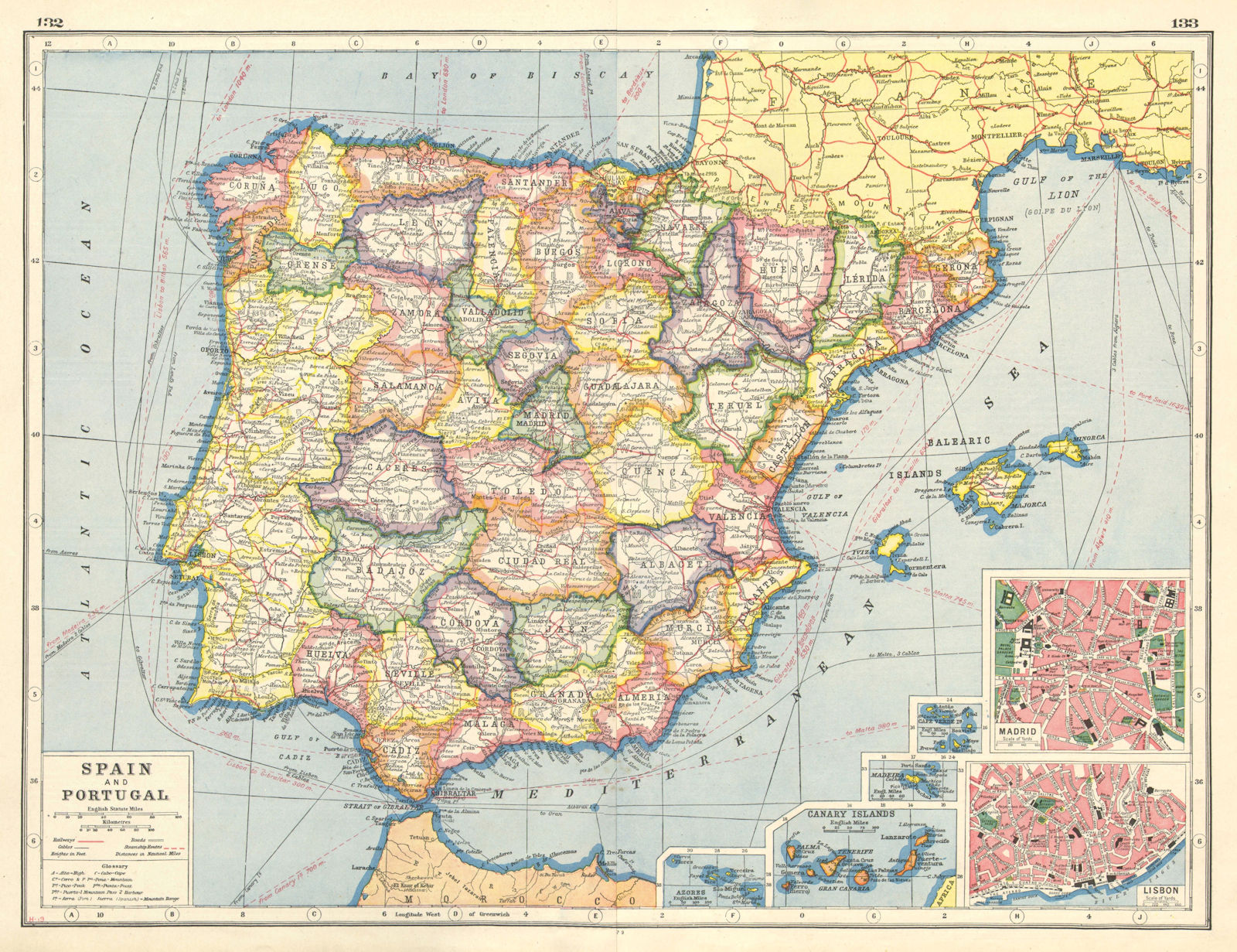 IBERIA. Spain provinces & Portugal. Telegraph cables. Lisbon Madrid 1920 map