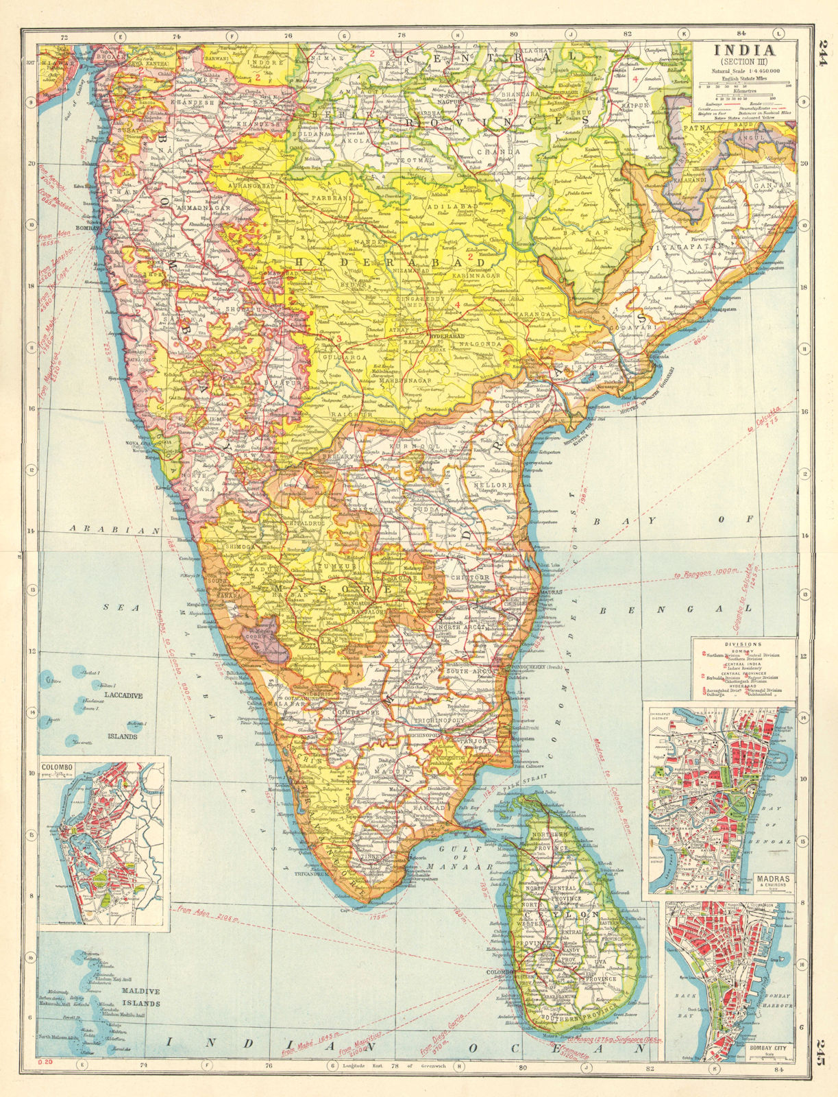 BRITISH INDIA SOUTH/CEYLON.Mysore Hyderabad.Madras Bombay Colombo plan 1920 map